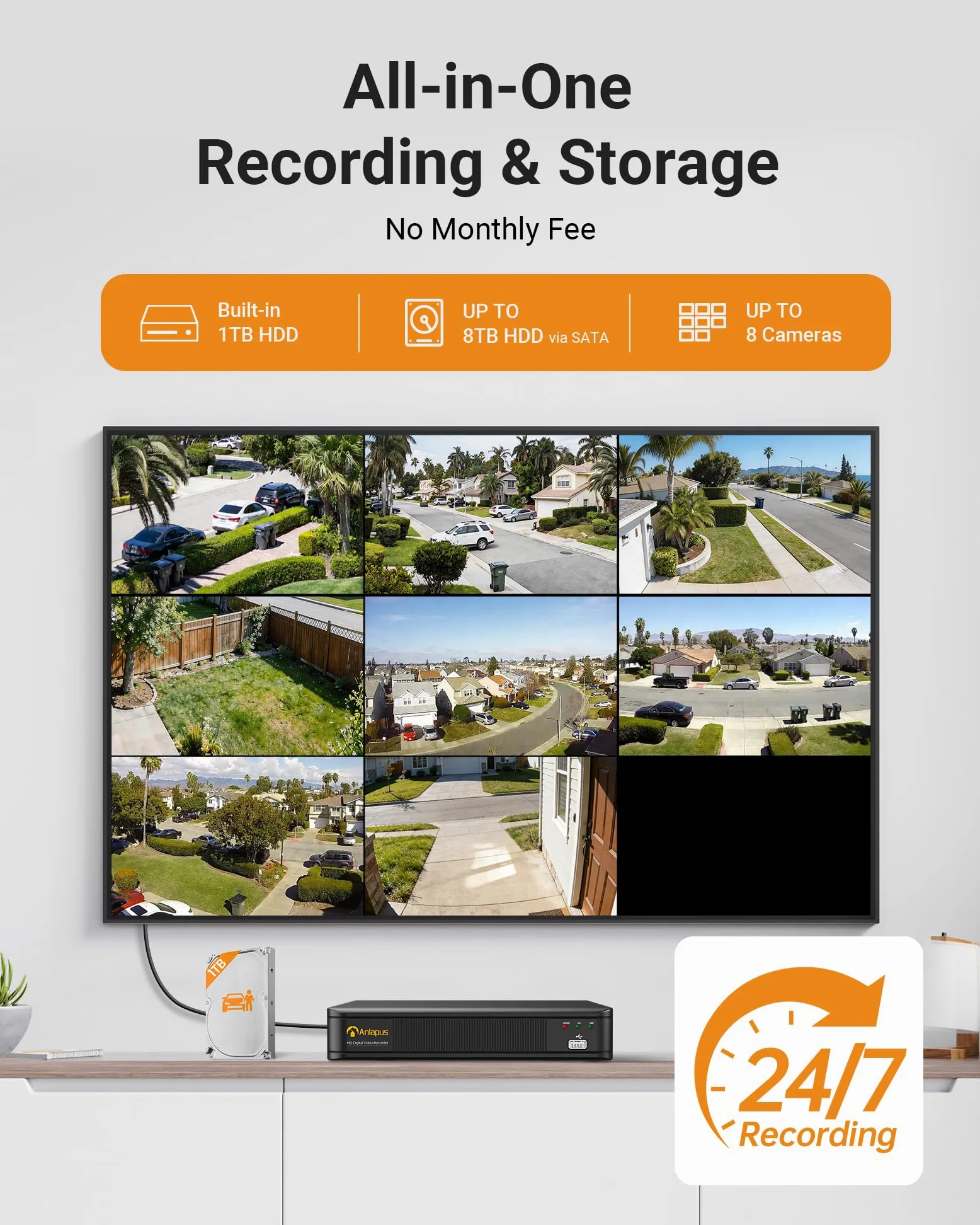 Anlapus 1080P - Videocamera di sorveglianza esterna 8 CH H.265+ DVR con 1TB HDD + 4 Bullet Camera 20M IR Visione Notturna compatibile PC/Mac