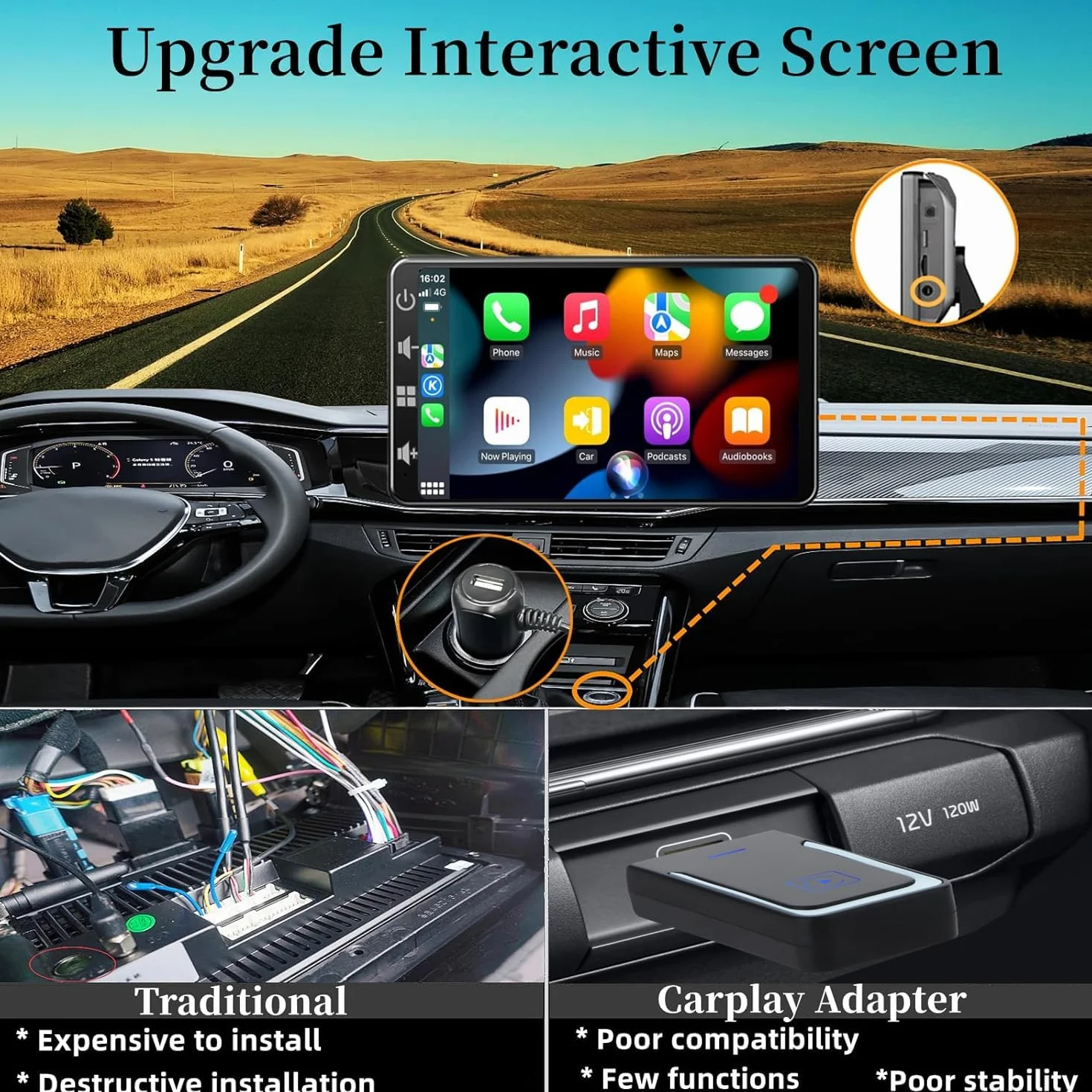 Schermo per Auto con Wireless CarPlay - Display Android Auto 7 Pollici Touchscreen Monitor - Portatile Autoradio Carplay con Mirror Link, Retrocamera, Assistente Vocale, AUX/TF