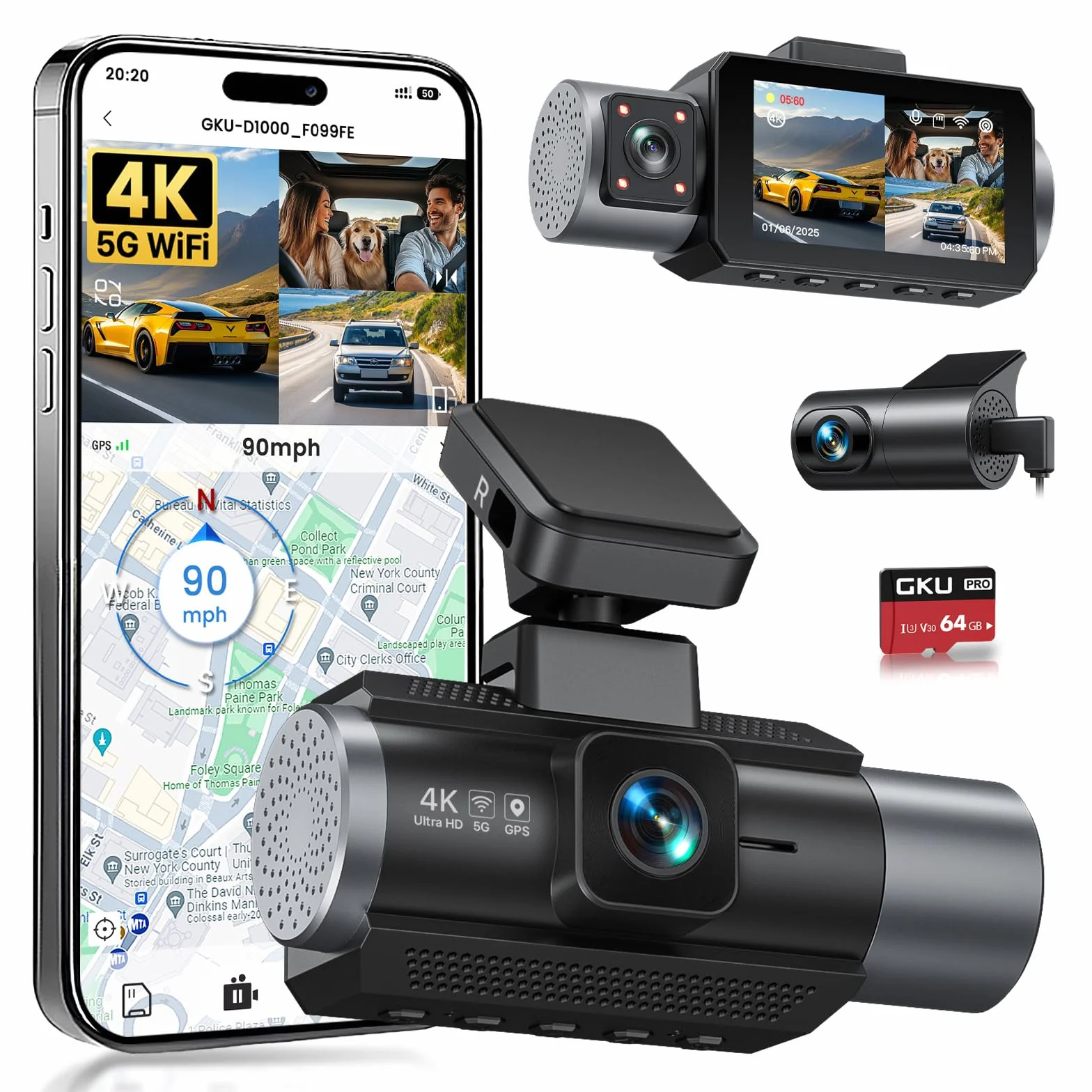 GKU 3 Canali Dash Cam Auto, 4K+1080P+1080P Telecamera per auto, Mini Dashcam IPS 3" con Scheda SD 64G, 5GHz WiFi e GPS, 24H Monitor di Parcheggio,Visione Notturna,WDR,Grandangolo 170°,Sensore G