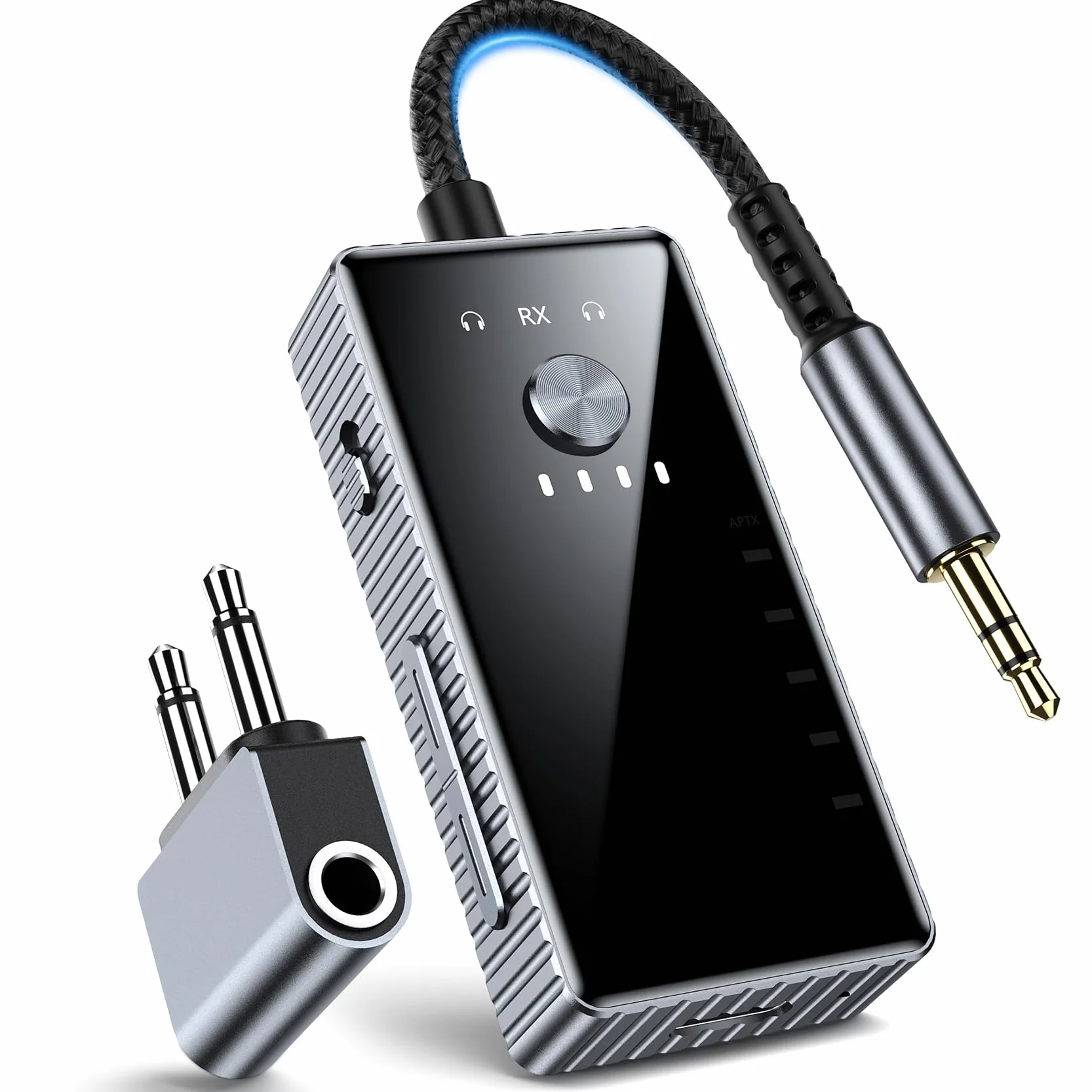 Trasmettitore Ricevitore Bluetooth per TV, 2 in 1 Adattatore Bluetooth 5.2 Supporta 2 Cuffie con AptX, Audio Jack da 3.5 mm per Aereo/Auto/Amplificatore/Palestra