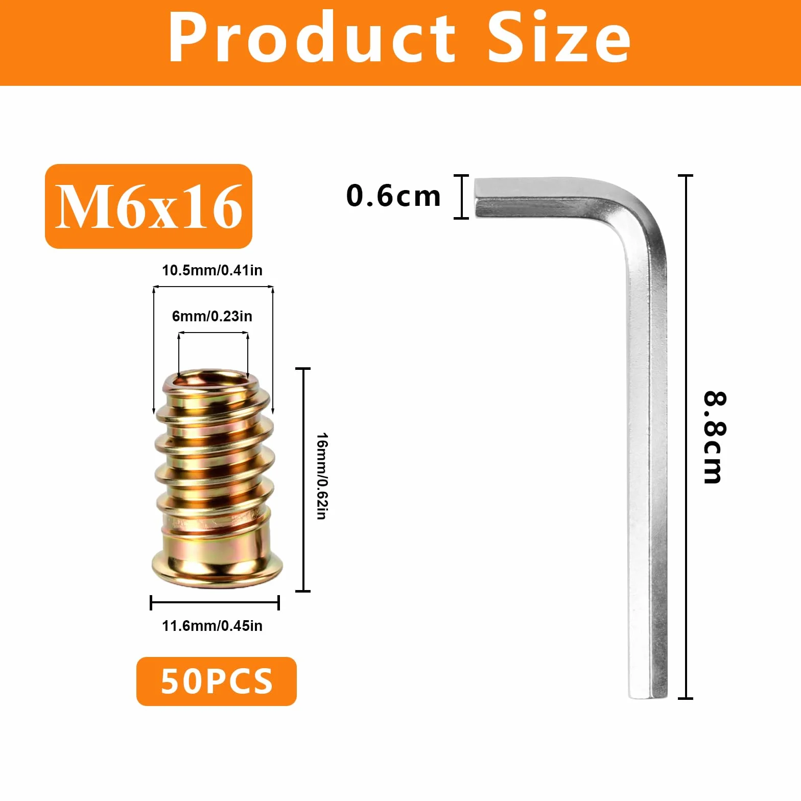 50 Pz Inserti Filettati per Legno, M6 x 16 mm Boccole Filettate per Legno, Inserto Filettato con Testa Esagonale Piatta in Lega di Zinco per Mobili in Legnos, falegnameria progetti, con chiave