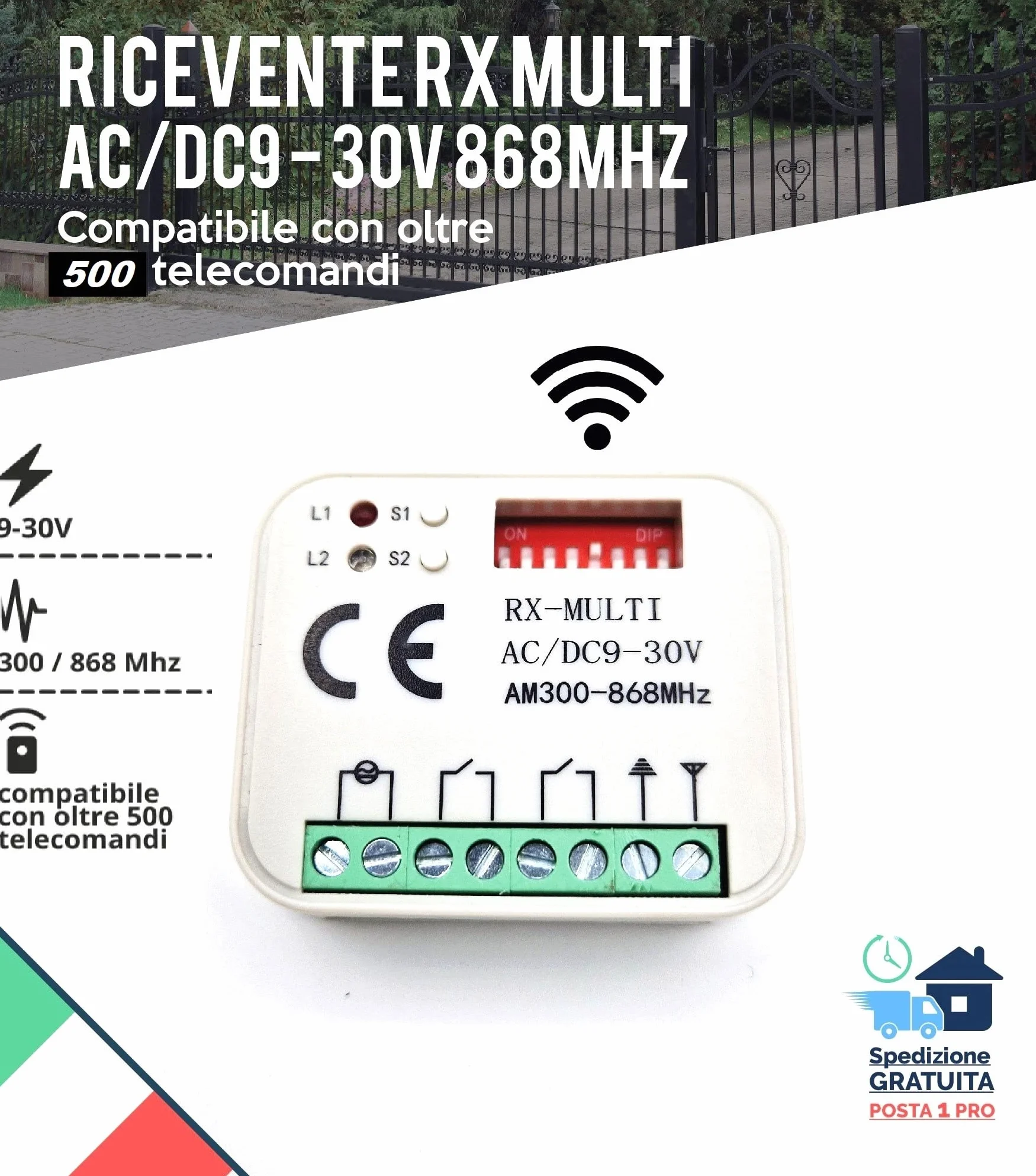 RICEVENTE CENTRALINA RADIO UNIVERSALE CON TELECOMANDO 2 CH 433 868 MHZ AC/DC