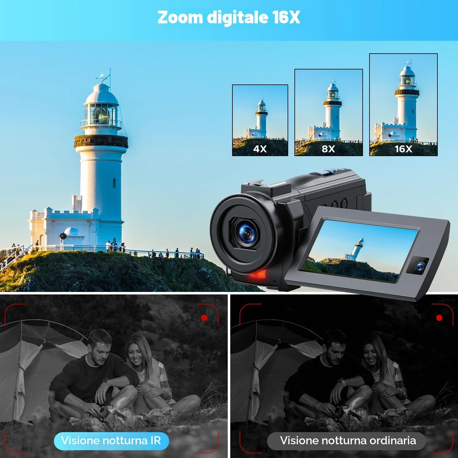 Videocamera Camcorder 5K 56MP Doppio Obiettivo 16X WiFi IR Night Vision Video Camera 3.0" Touchscreen Vlogging Camera per YouTube con 2 Batterie,Scheda 64G,Paraluce,microfono
