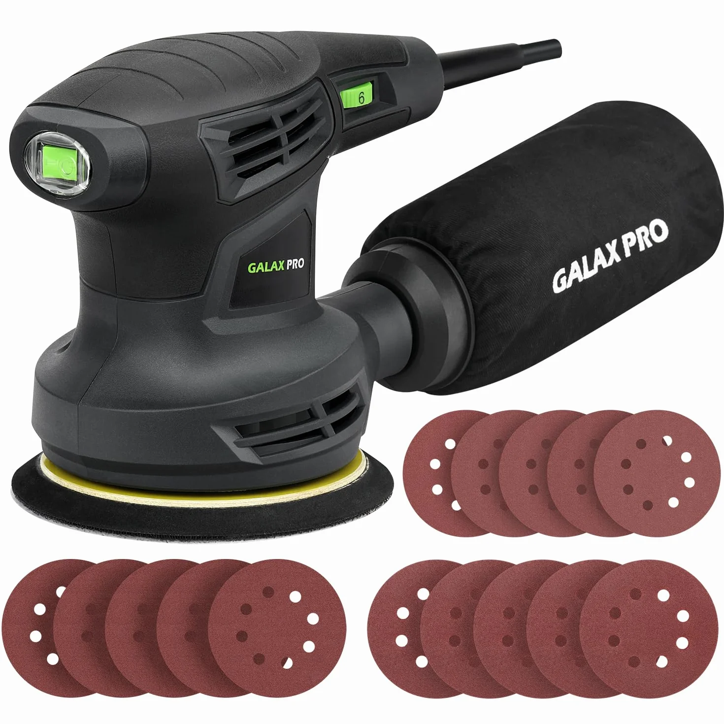 GALAX PRO Levigatrice Orbitale, 280W 6 Velocità Variabili 6000-13000 RPM Levigatrice Rotorbitale, 15 pezzi 125mm Dischi abrasivi, Polvere sistema di raccolta, ideale per DIY