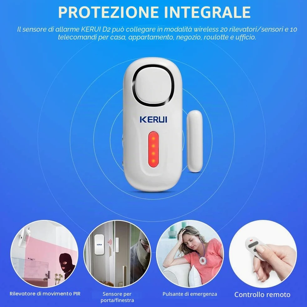 KERUI Allarme Casa Senza Fili D2, 4 Zone Sistemi di Sicurezza Domestica con 2 Sensore Movimento,1 Allarme Porta 4 Sensori Porta 1 Telecomando, 120dB Sensori Allarme Porte e Finestre per Casa Garage