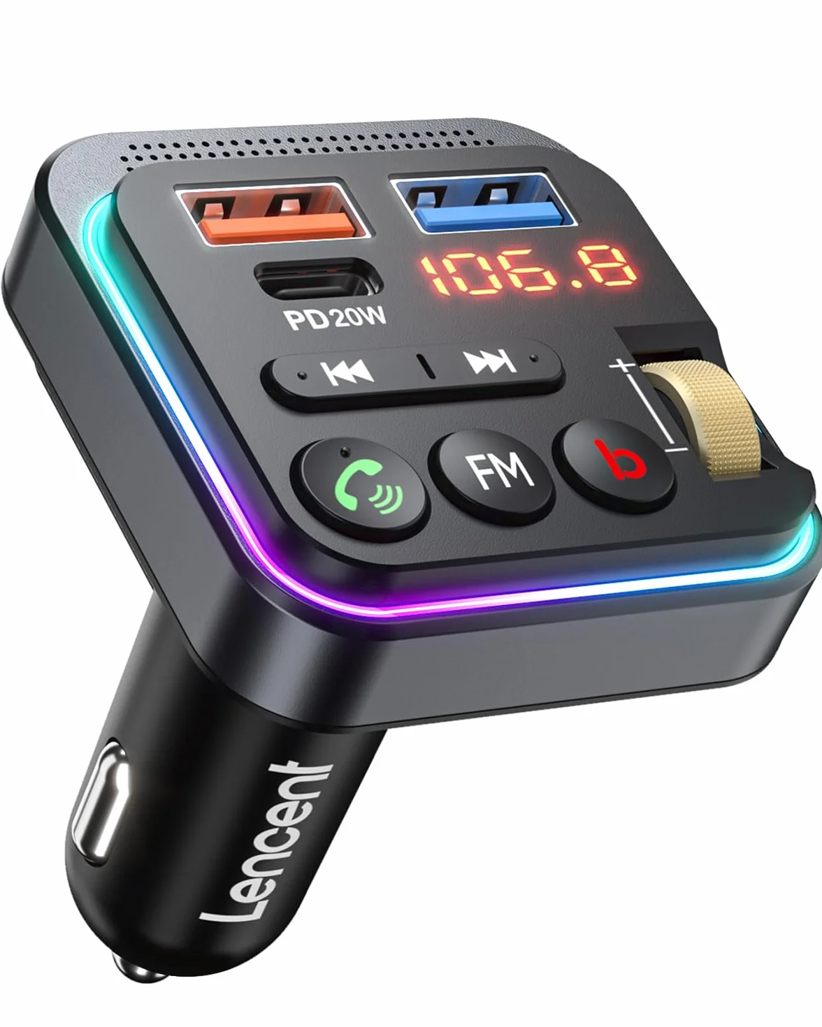 LENCENT Trasmettitore Bluetooth 5.0 per Auto, Musica Bluetooth Auto con Bassi Profondi e Suono Hi-Fi lossless, Ricarica Rapida Tipo-C PD 20W e QC3.0 18W, Supporto Disco U