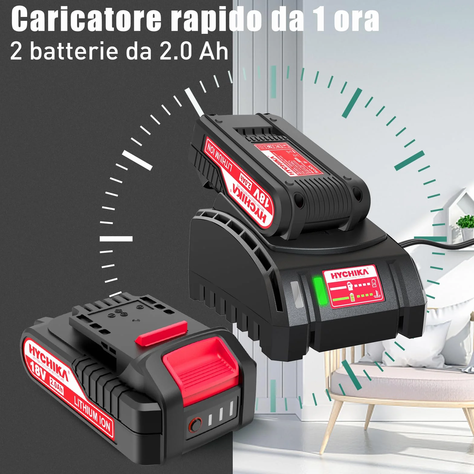 HYCHIKA Sega a Gattuccio, Seghetto A Batteria 18V, 2 batterie 2,0Ah, Velocità Variabile 0-2800 SPM, 2 Lame, Caricabatterie rapido, Luce LED, Adatto per Tagliare Legno e Metallo