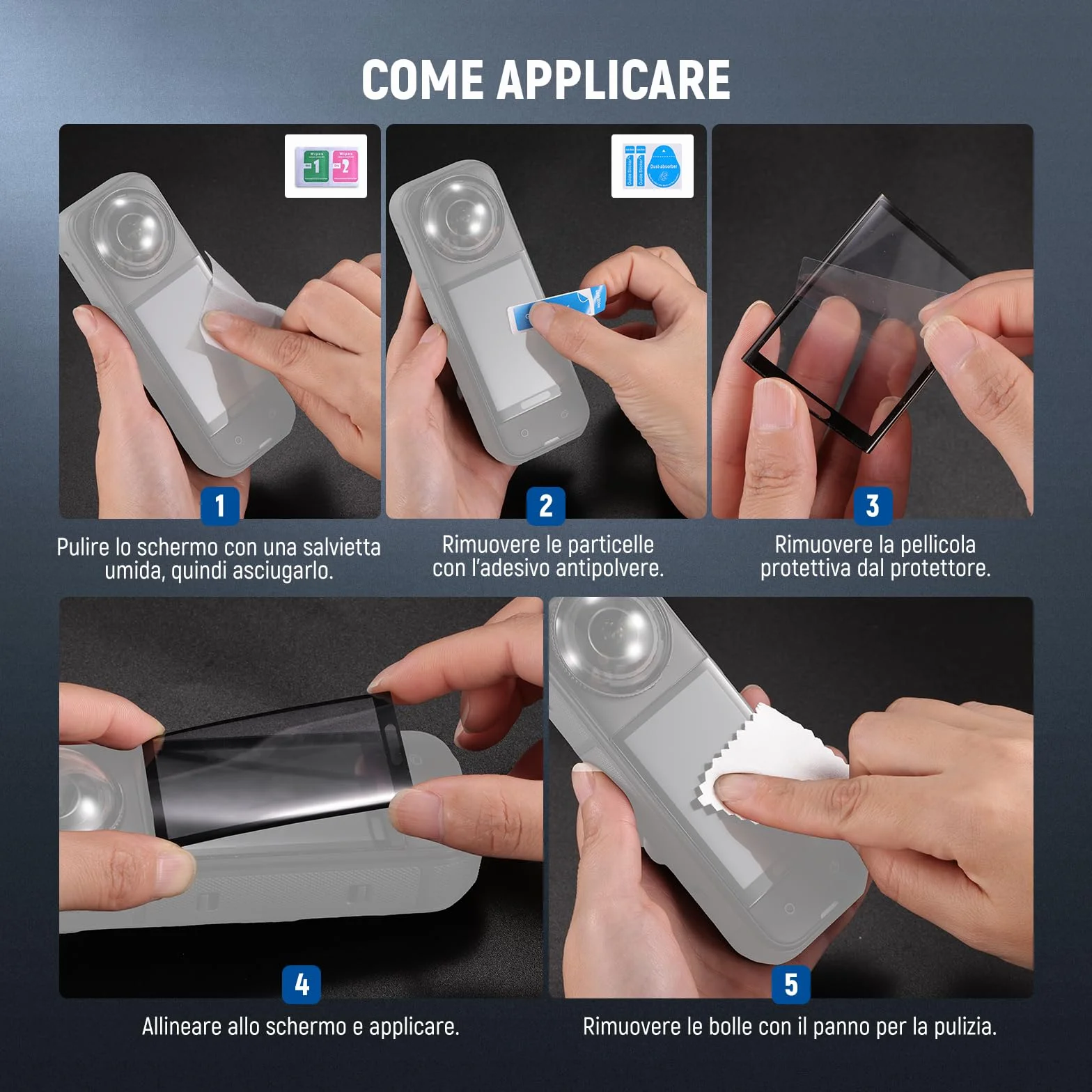 NEEWER Protezione per Schermo/Lente Compatibile con Insta360 X5 X4 Action Cam, Pellicola Protettiva per Schermo Temperato (2pz), Cap Custodia Protettiva in Silicone e Kit Accessori di Ricambio, CA156