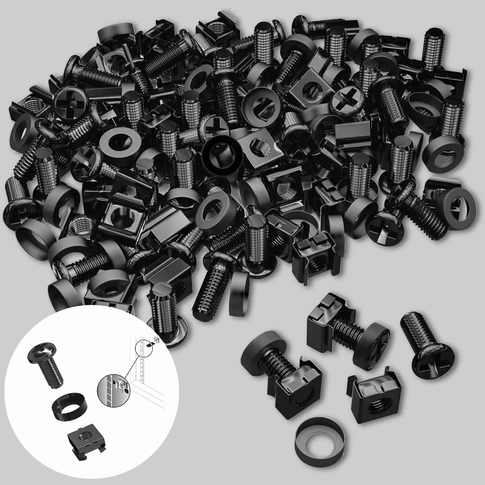 SR620 Viti M6*20 Dadi a gabbia 50 Set per rack da 19 pollici Acciaio nero zinco