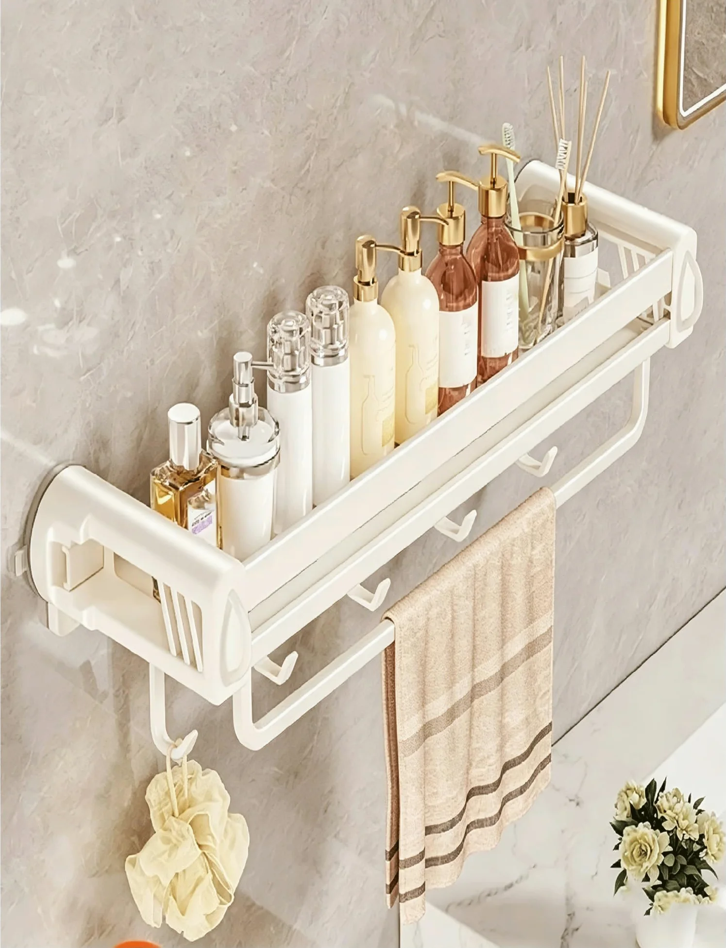 Organizer da doccia con ventosa con barra per asciugamani e ganci, mensola da bagno antiruggine, scaffale senza trapano per una facile installazione