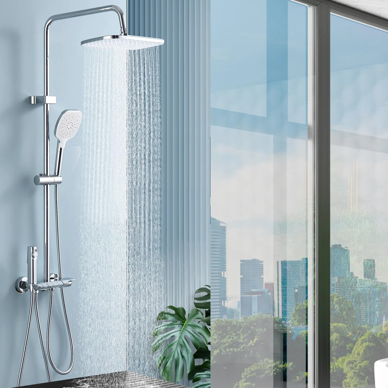 Sistema Doccia, Set Rubinetto Grigio, 4 funzioni, Kit di Montaggio a Parete con soffione Portatile a 3 modalità, doccetta per Bidet a Pioggia