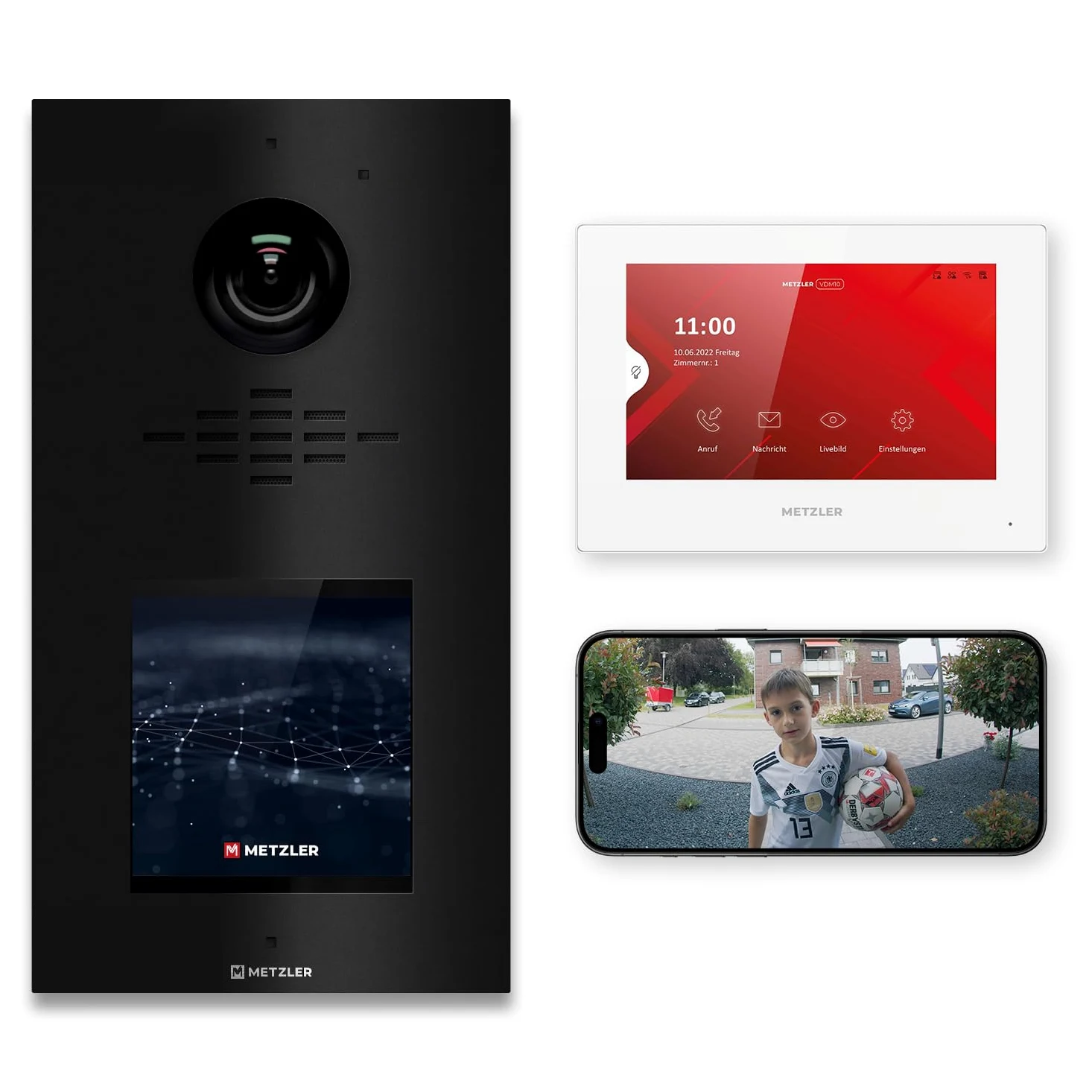 Metzler videocitofono completo per 1-500 unità - LAN/POE - citofono con display IPS touchscreen e 1 monitor interno in kit, nero in acciaio inox V2A | Horizon