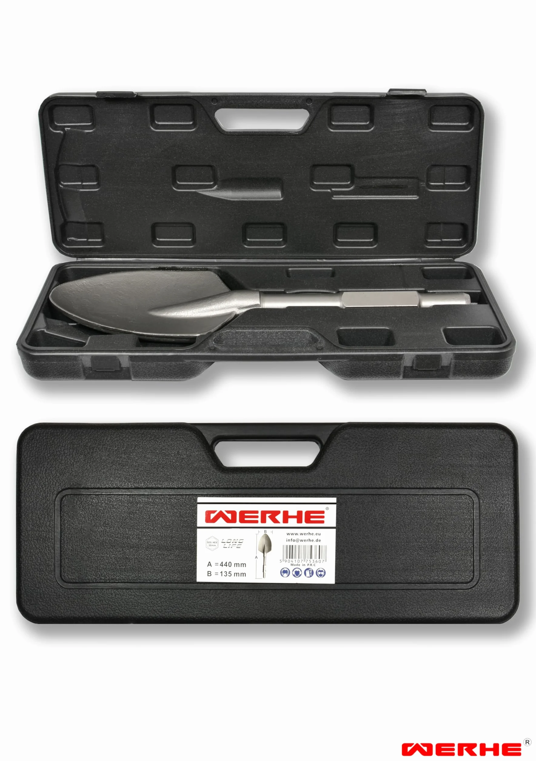 WERHE Professional SDS HEX scalpello a punta 135 x 440 mm supporto esagonale 30 mm per martello demolitore custodia