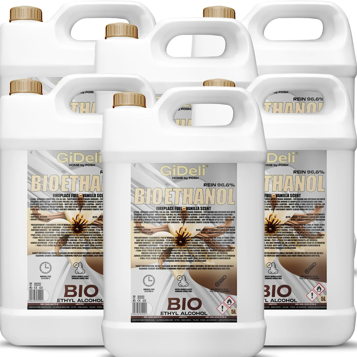 GiDeli Bioetanolo 6 x 5 l profumo di vaniglia 96,6% etanolo per camini interni ed esterni, senza fumo e fuliggine, da mais e barbabietola da zucchero