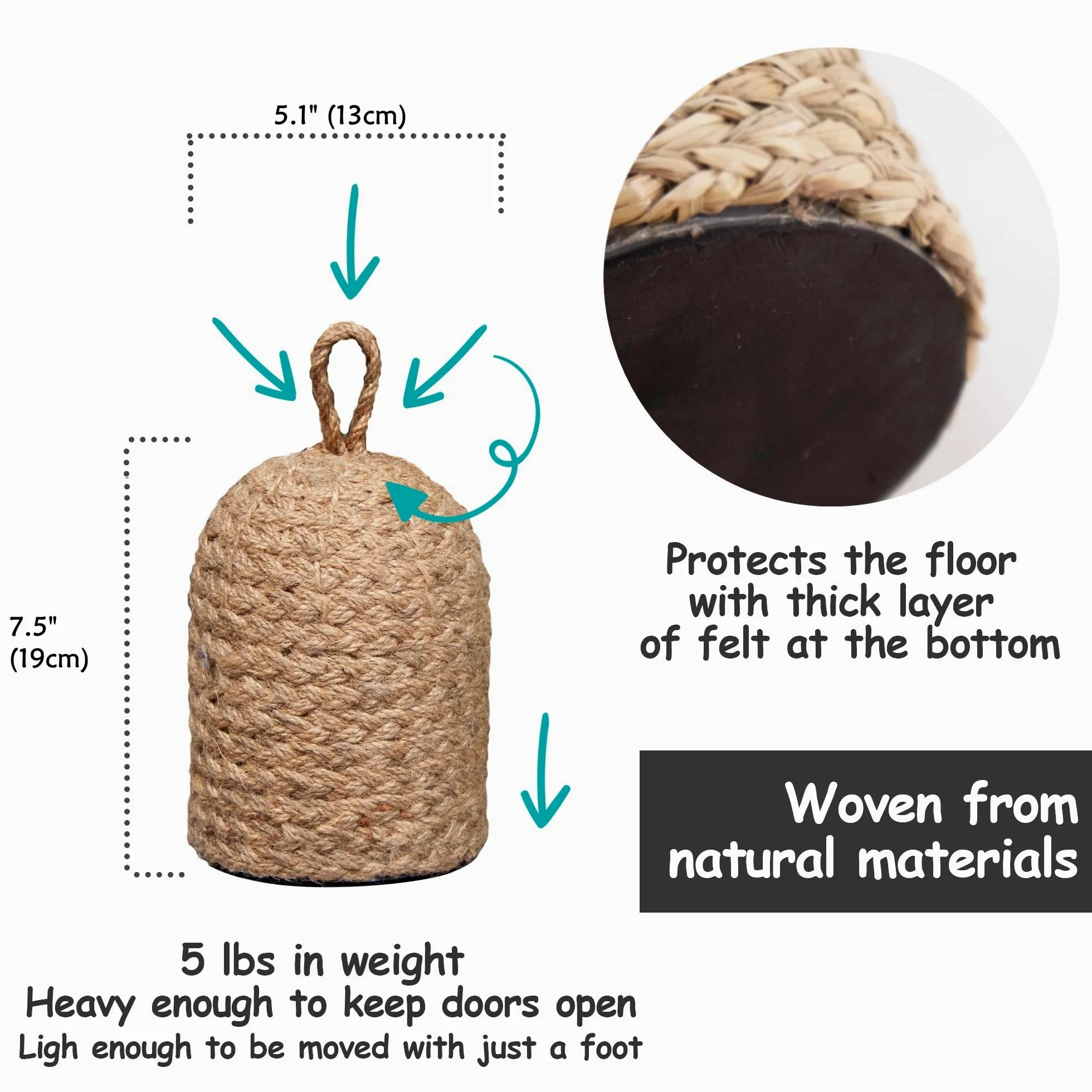 PEMAR Fermaporta in vimini naturale con maniglia, fermaporta decorativo in iuta, fermaporta pesante per interni, blocco mantiene la porta aperta, Jammer rustico. 5,1 '' D x 9 '' H (ita)