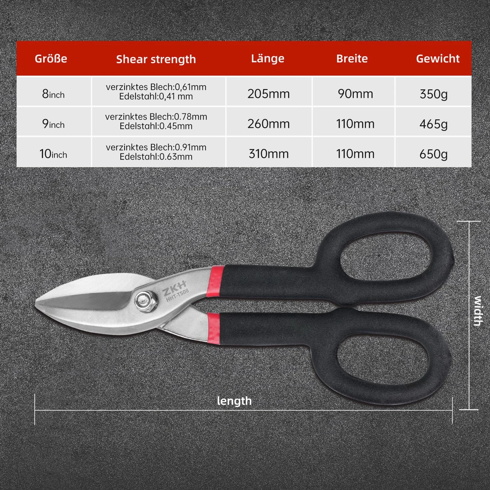 Forbici per lamiera dritte 250 mm ZKH utensili per taglio lamiera alluminio pelle rame plastica