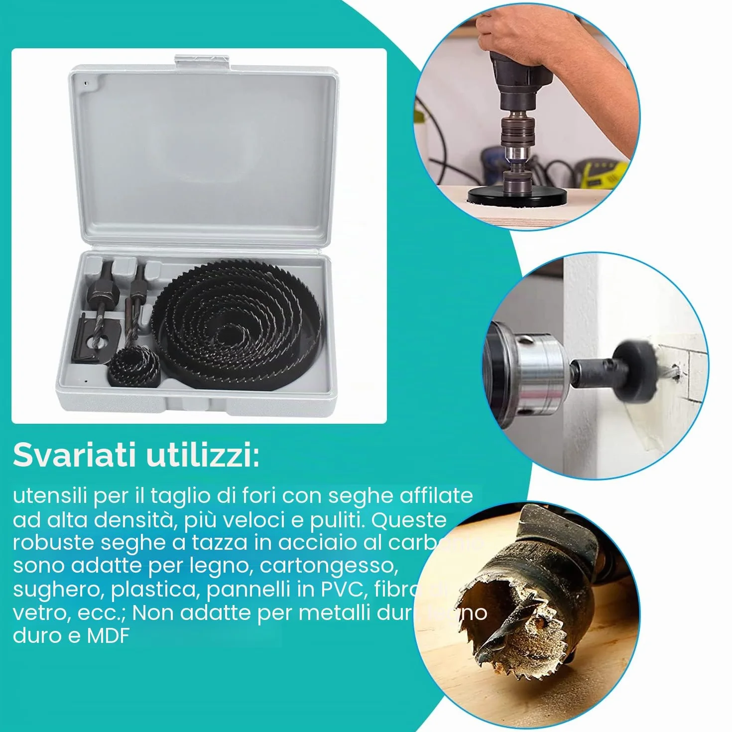 Zestaw 19 seghe a tazza do drewna, karton-gipsu i PVC