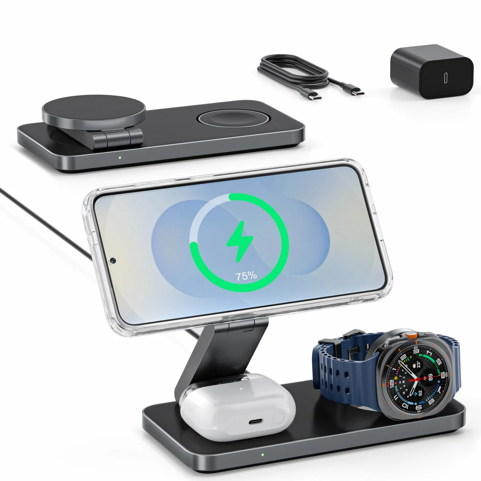 Stazione di Ricarica 3 in 1 per Samsung, Caricatore Wireless Pieghevole per Galaxy S26/S25/S24/S23/Z Fold/Flip Series, Galaxy Watch Ultra/8/7/6/5, Galaxy Buds Pro/3/2, Incl. Adattatore 20W-Nero
