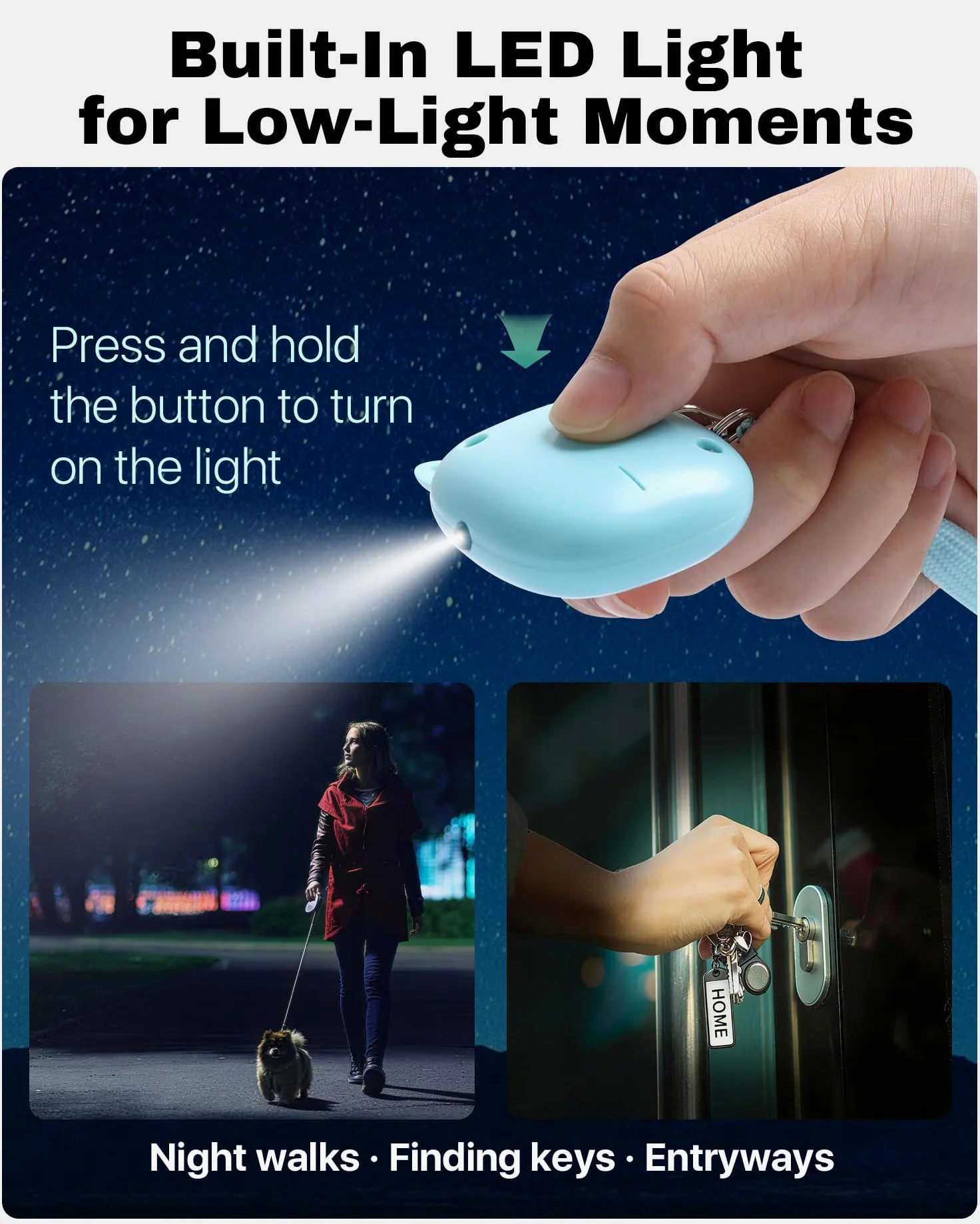 Allarme personale con suono sicuro, 130 dB, allarme di sicurezza, allarme di sicurezza con luce LED, sirena di sicurezza personale per donne, uomini, bambini, anziani, blu/rosa/nero.