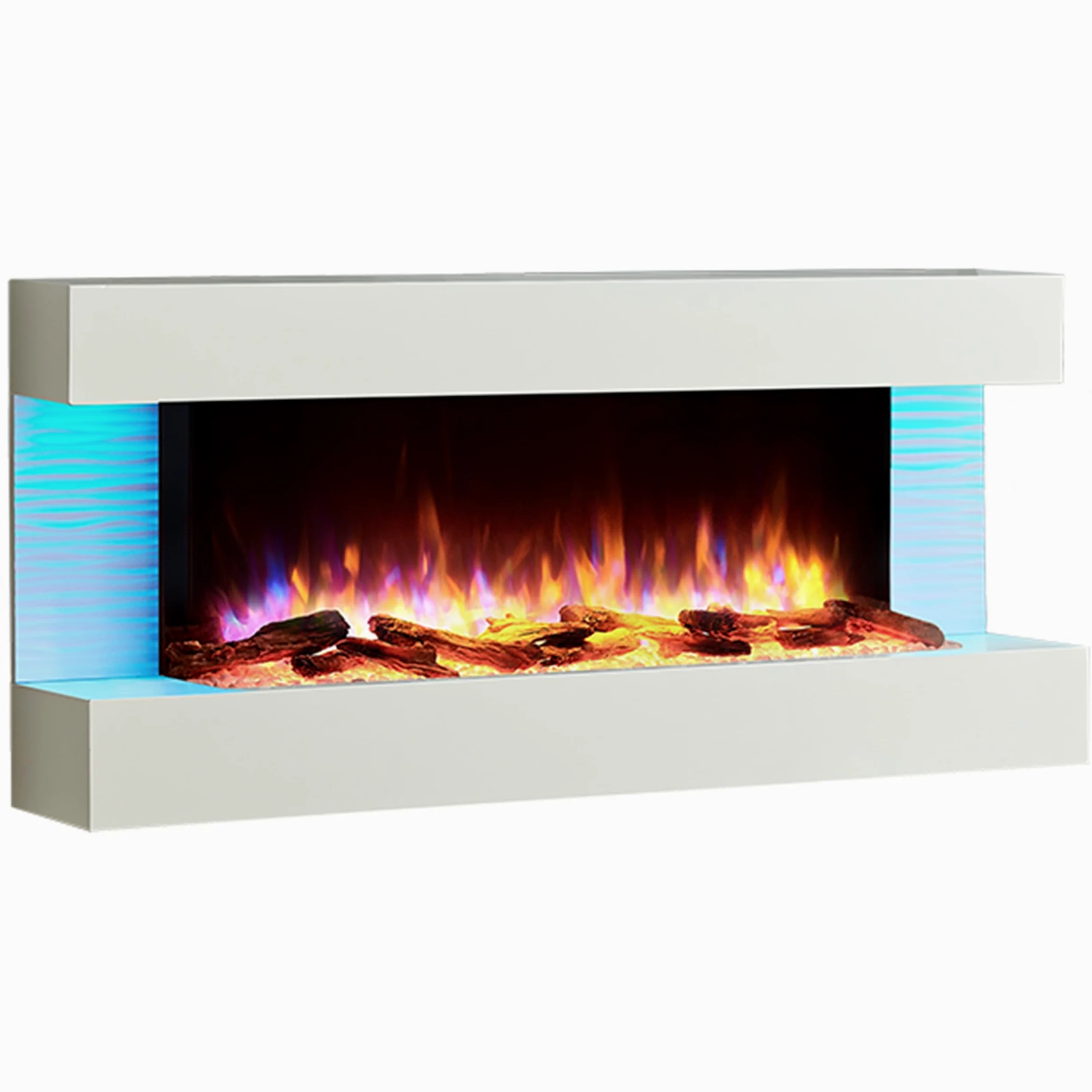 BALDERIA Camino Elettrico Helia | Caminetto da Parete con Effetto Fiamma 3D | Riscaldamento 2000 W | Focolare Sospeso con Telecomando, Timer, Termostato | Bianco