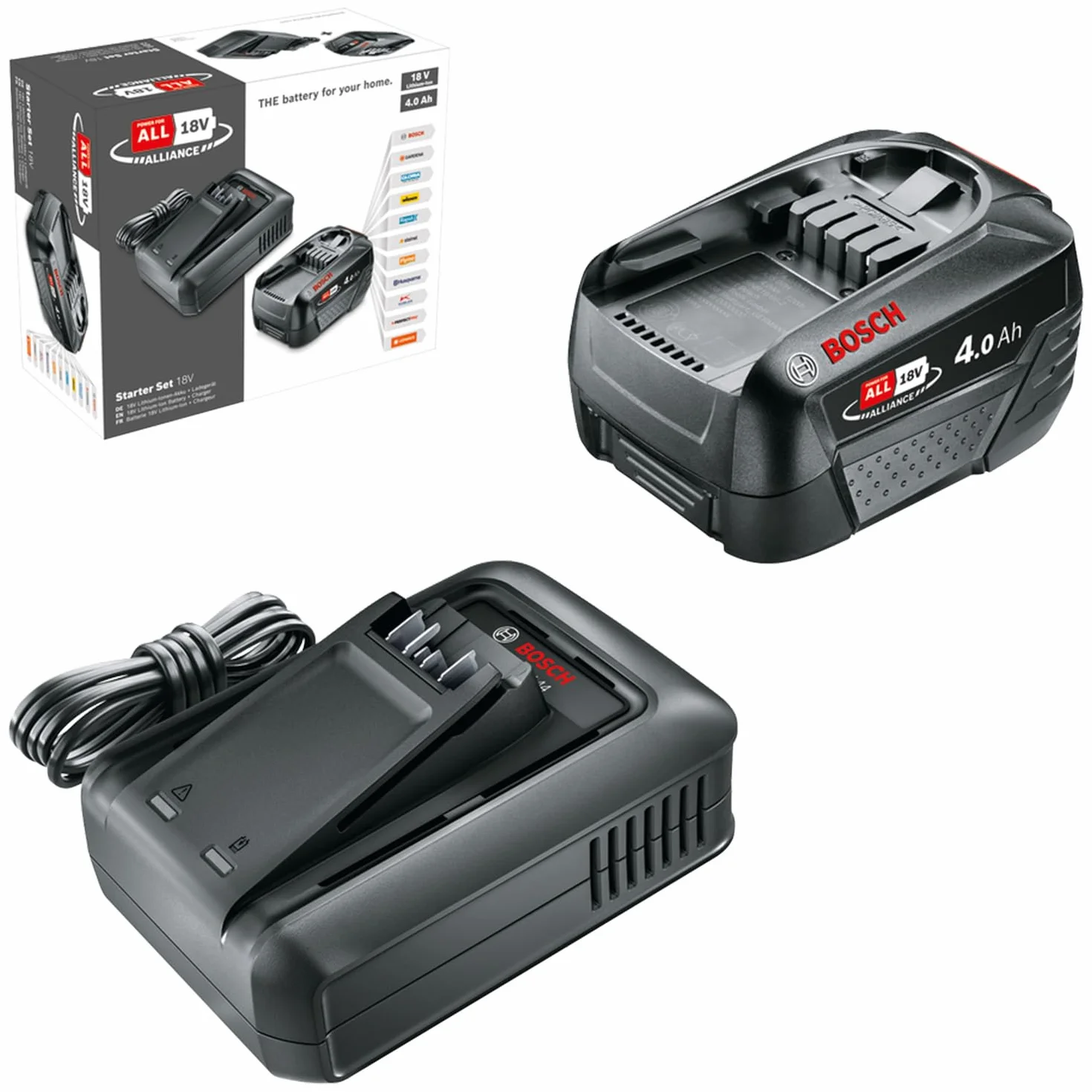 Bosch Starter Set 18V 4,0 Ah batteria al litio e caricabatteria rapido POWER FOR ALL