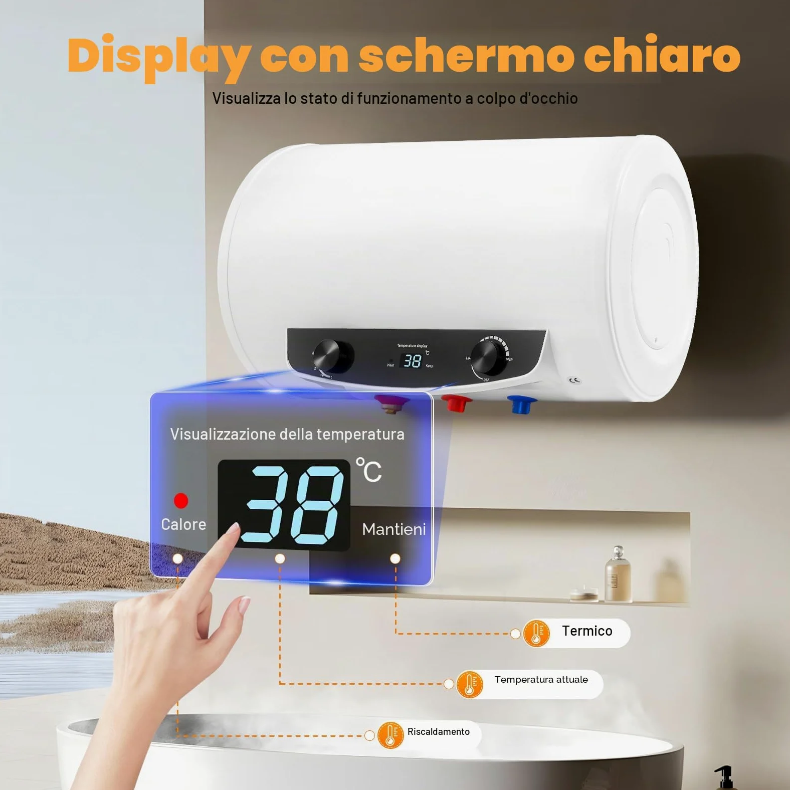 Scaldabagno elettrico, scaldabagno istantaneo da 50 l, caldaia, scaldabagno, scaldabagno orizzontale con unità doccia e tubo, 220 V, 2 kW.