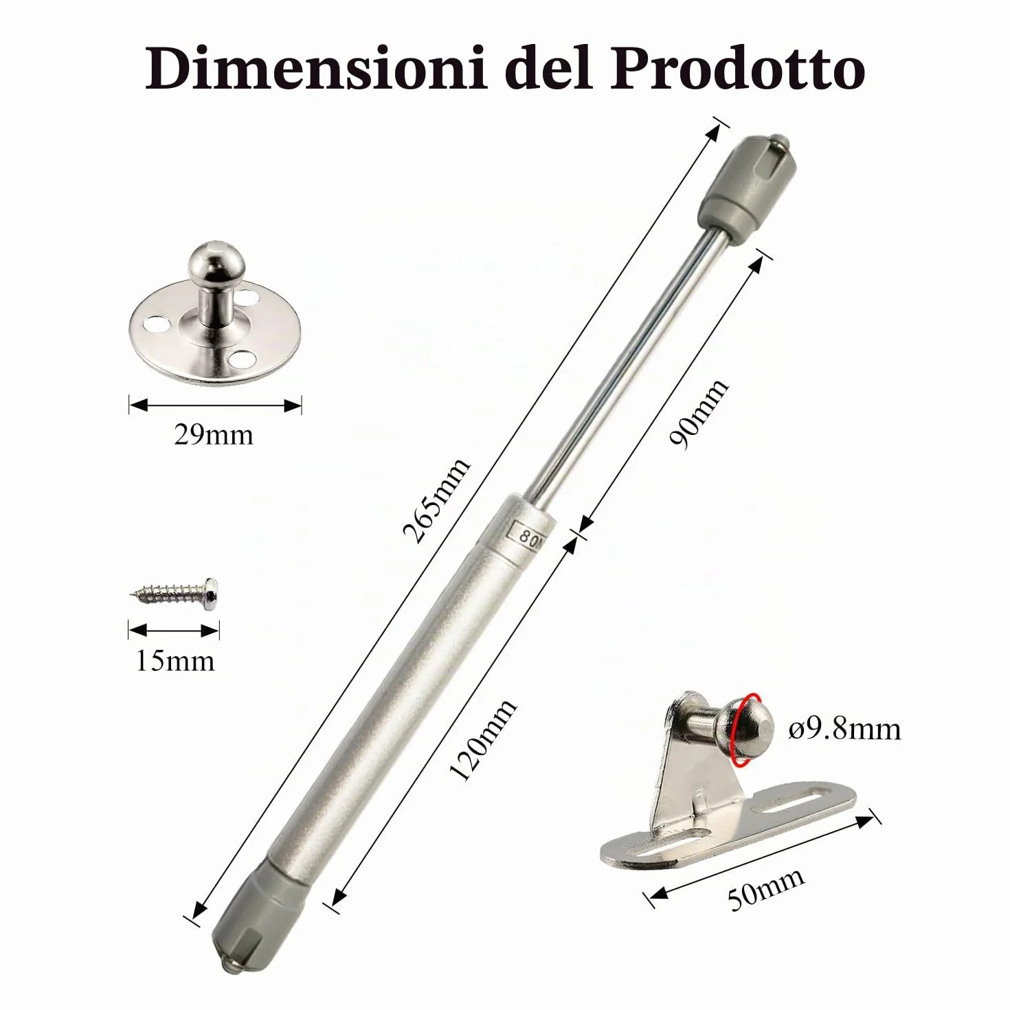 Molle a Gas, 80N Martinetto Pneumatico per Mobili, Cerniera Armadio, Braccetto Ammortizzatore per Cerniera di Mobili da Cucina, 2 Pezzi