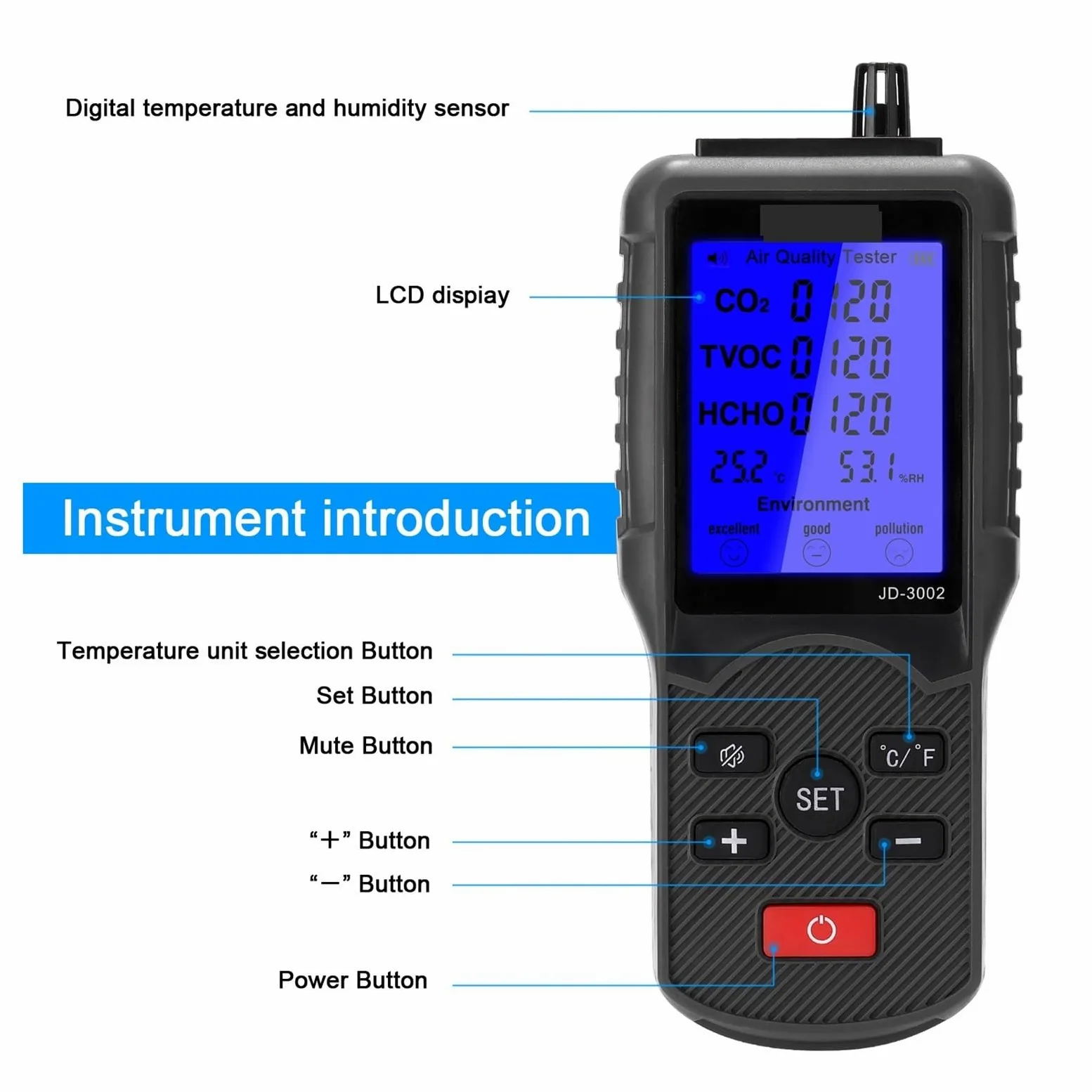 JD-3002 Rilevatore di qualità 'aria Dispositivo misurazione 'umidità a temperatura e a CO2 Misuratore Analizzatore multifunzionale a,Alta Precisione | Plastic box