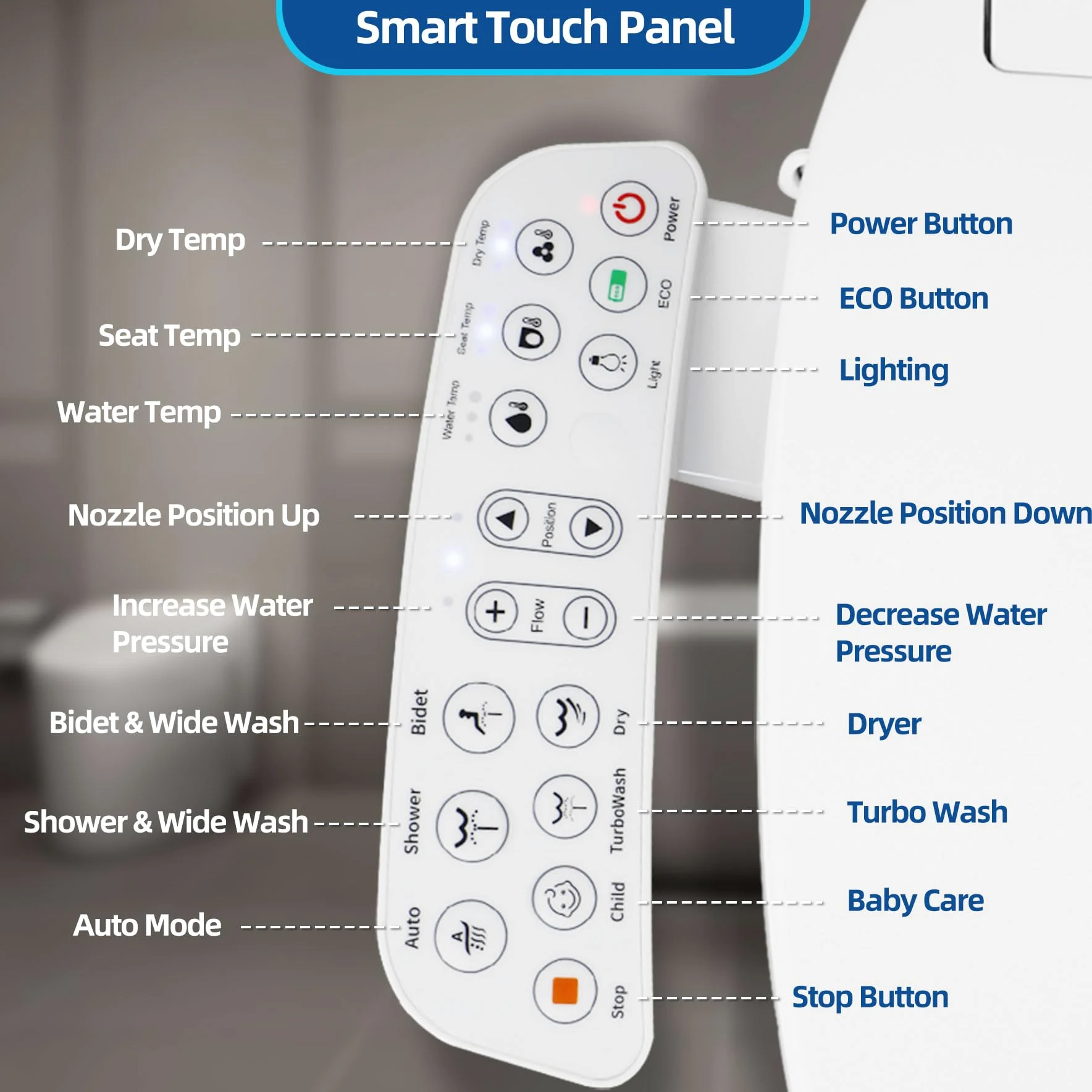 Sedile WC allungato - Sedile WC bidet con asciugatrice e acqua calda, lavaggio a temperatura controllata, pannello touch intelligente, luce notturna, chiusura lenta