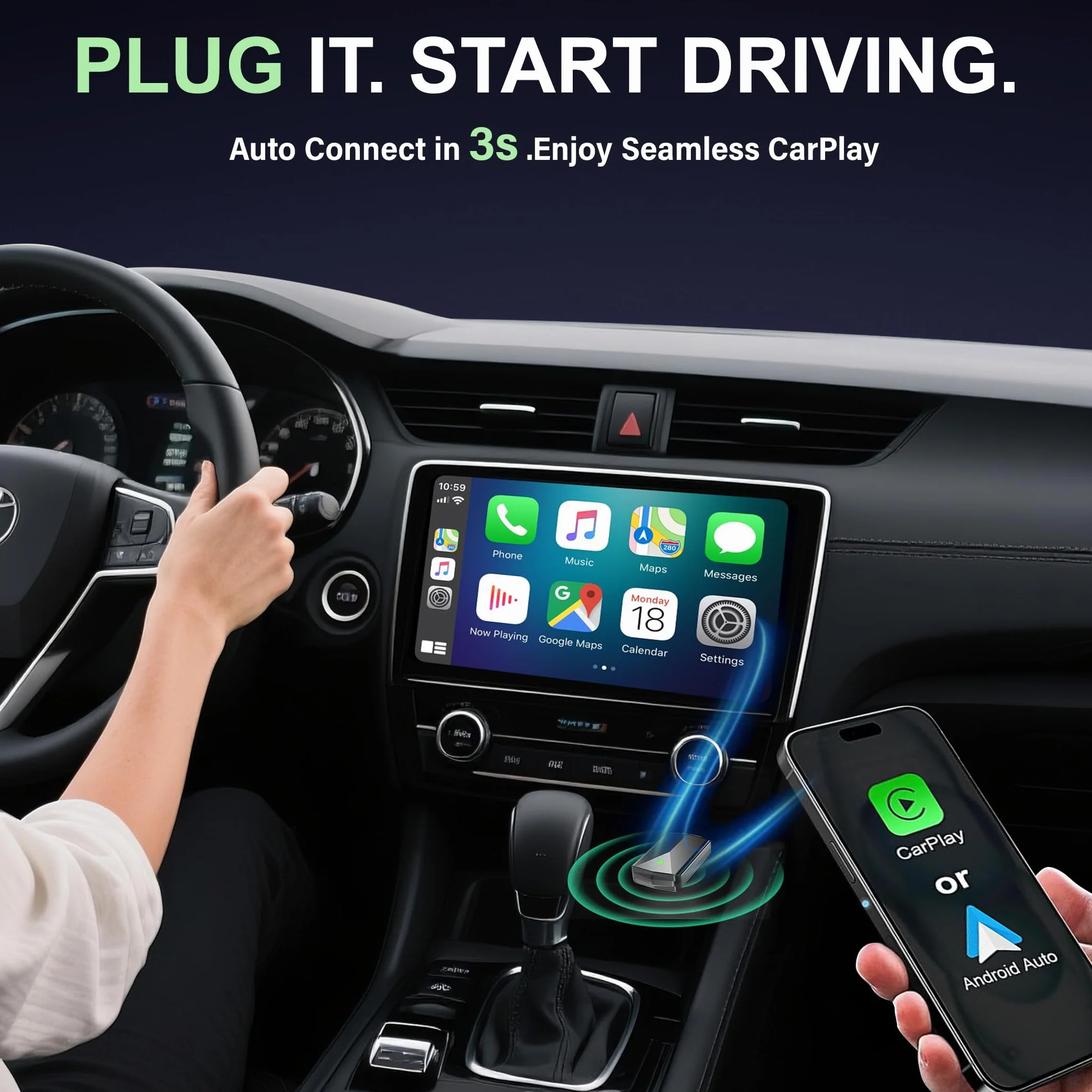 Adattatore CarPlay Wireless – Adattatore Android Auto Wireless, Wi-Fi 5,8GHz Plug & Play, Mini e Stabile, iOS 10+/Android 10+, Connessione Automatica Rapida per Auto dal 2016 in poi (11 Pezzi)