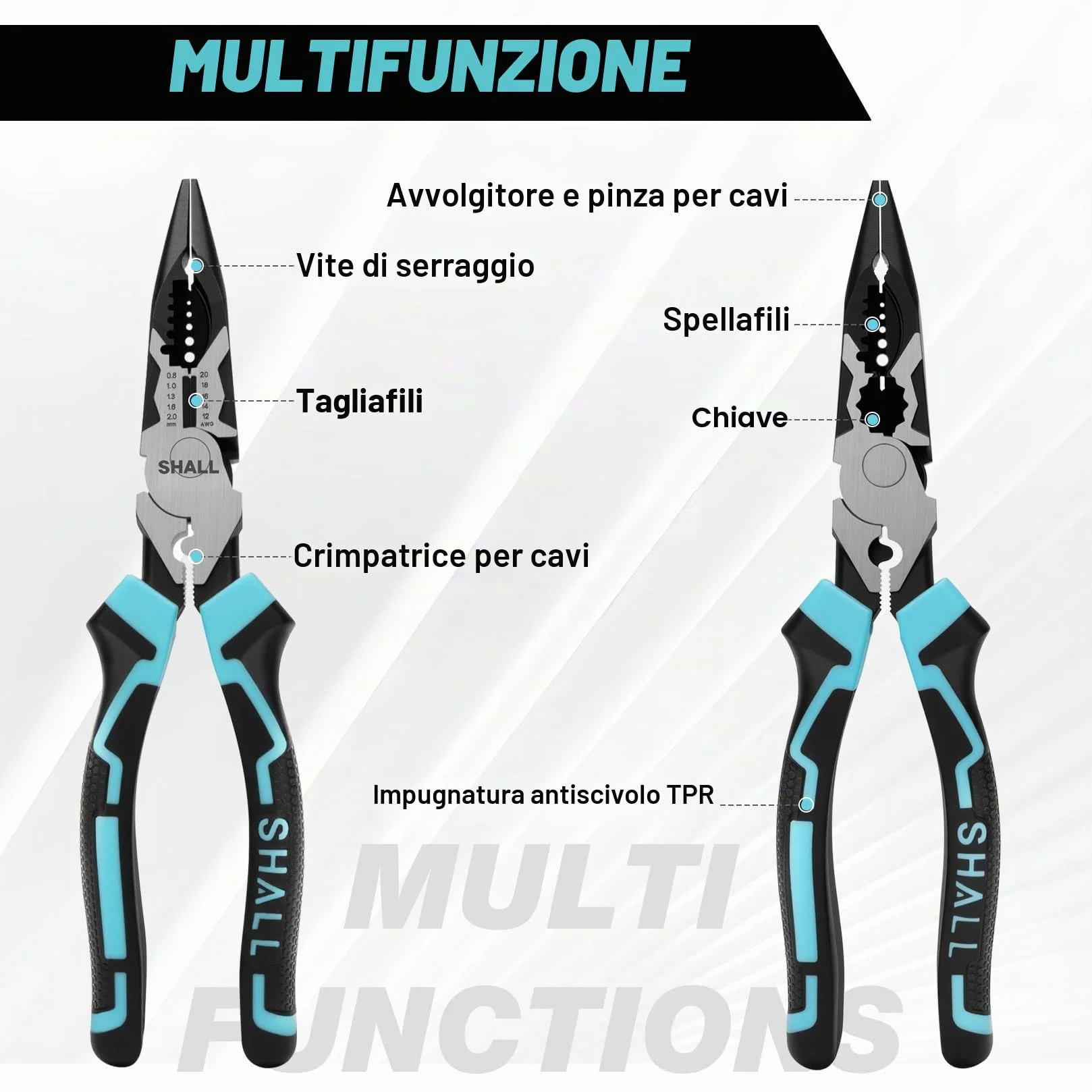 SHALL Pinze a becco lungo 20,3 cm spelafili 7 in 1 per cavi 20-12 AWG