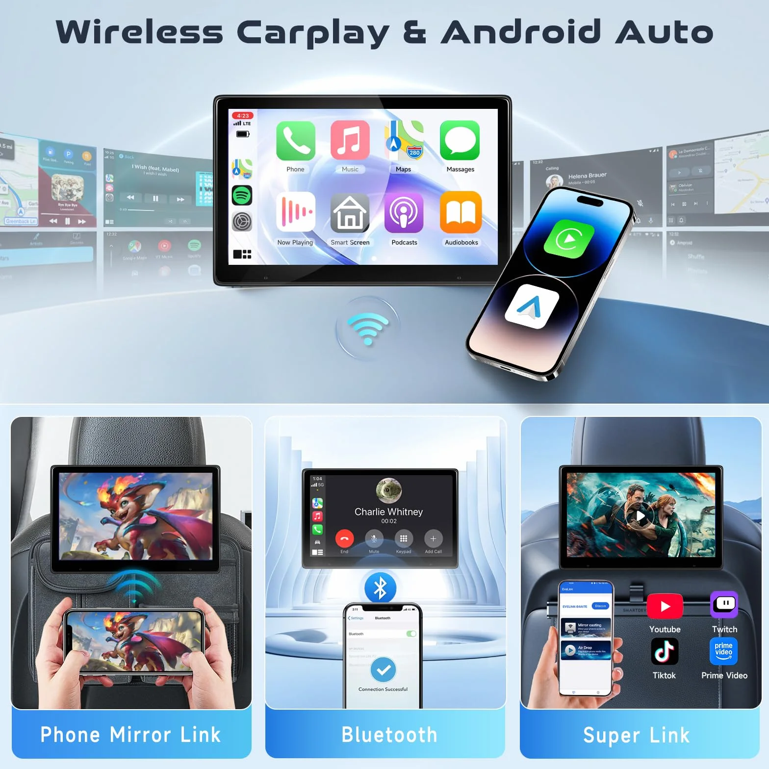 Lettore video da 10,1 pollici per poggiatesta auto, TV portatile da poggiatesta per sedile posteriore con Mirror Link wireless, Bluetooth, CarPlay e Android Auto wireless, con scheda TF da 64GB