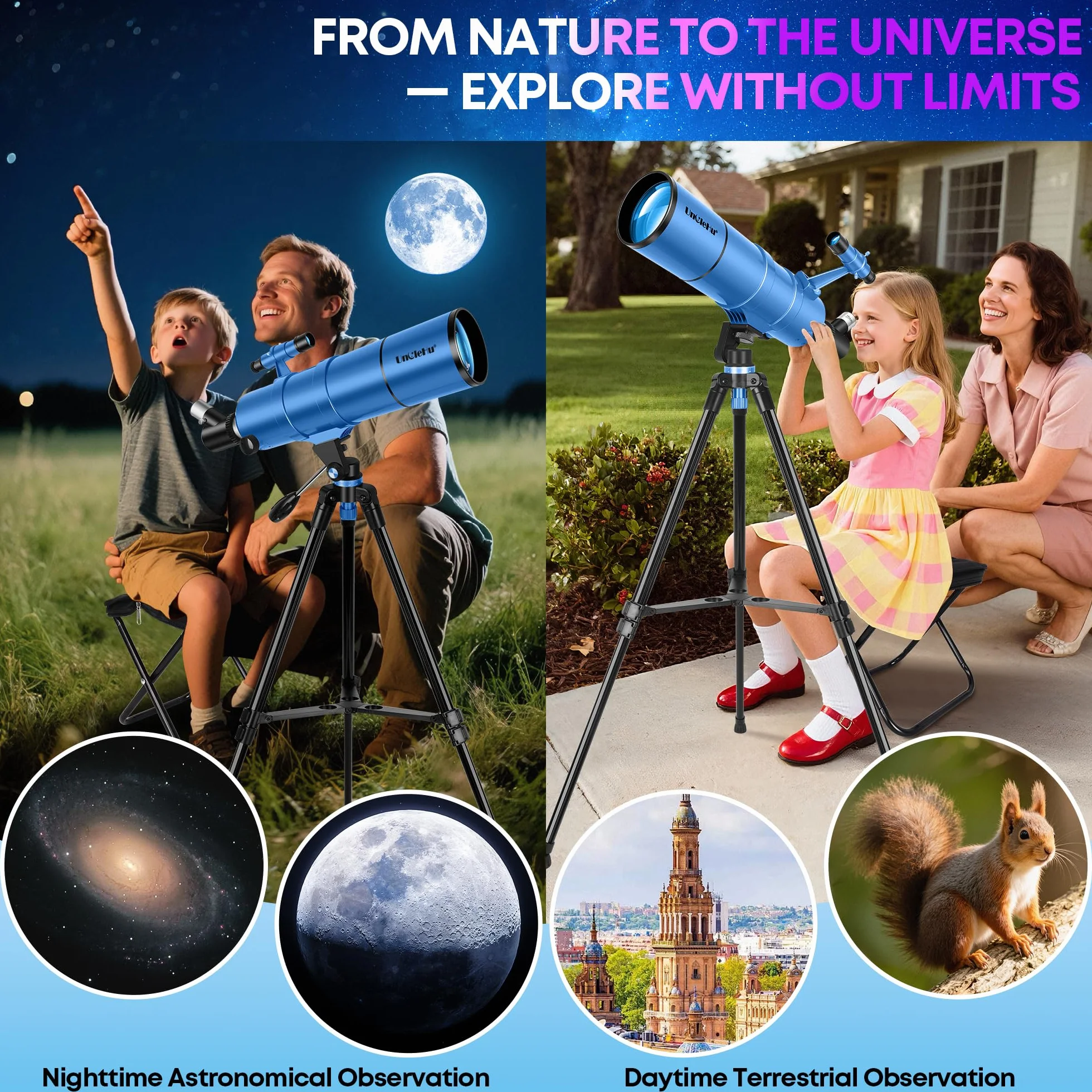 UncleHu Telescopio Astronomico Per Adulti E Bambini Principianti, 22X-165X, Telescopio Riffrattore Astronomico 90/550mm Con Sgabello Pieghevole&Treppiede&Adattatore Per Smartphone E Borsa Da Trasporto