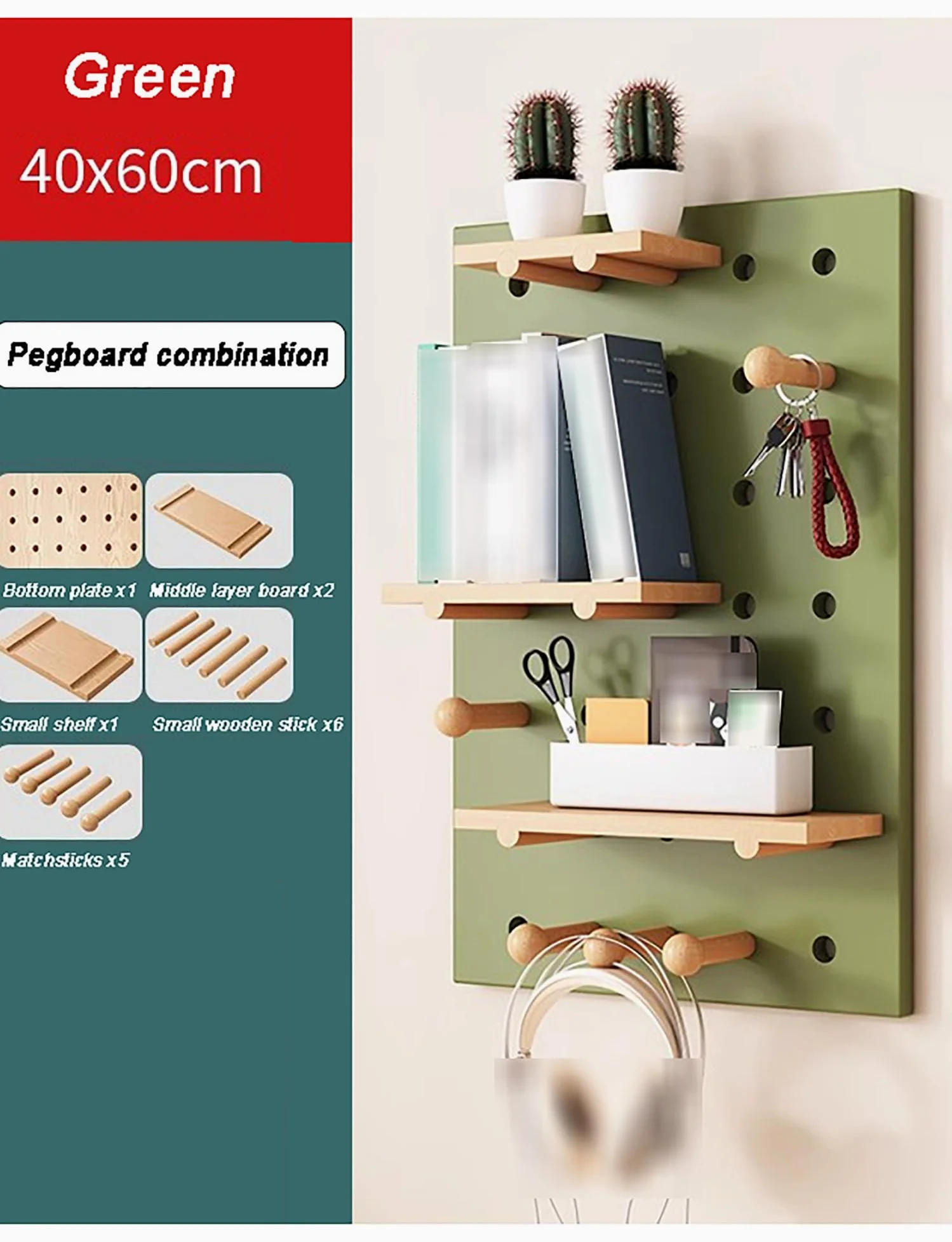 Pannello Forato espandibile in Legno | Kit di Pannelli portaoggetti Personalizzabili con Ganci e Accessori per Ufficio, Garage, Officina | Verde 40x60 cm (15,7x23,6 Pollici)