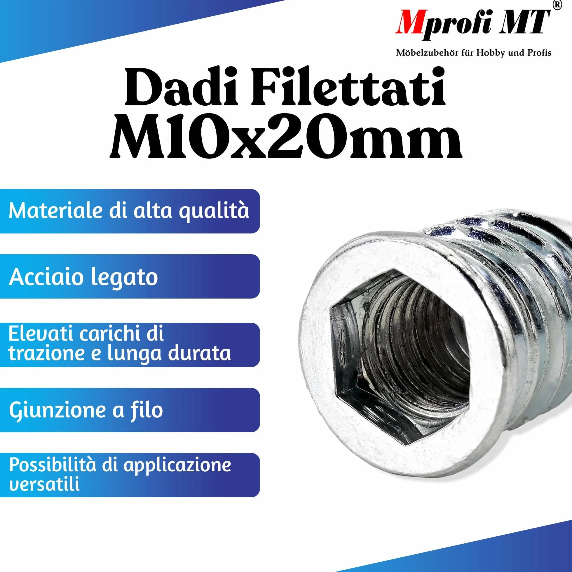 Mprofi MT® Dado Esagonale Inserti M10 x 20mm Inserti Filettati per Mobili in Legno