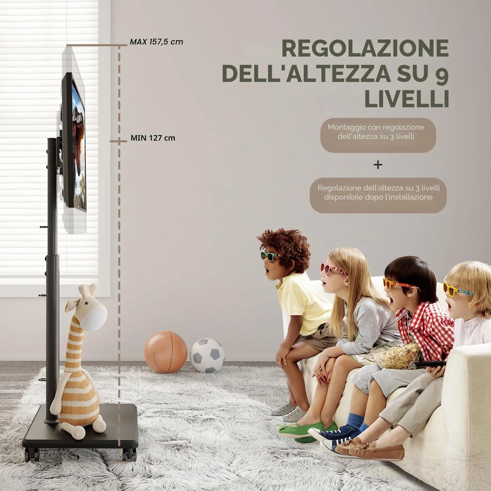 AX WABER Supporto TV Mobile con Ruote Bloccabili, Carrello Portatile per TV 27-65", Regolabile 9 Posizioni, VESA MAX 400x400, 40kg, per Casa/Ufficio