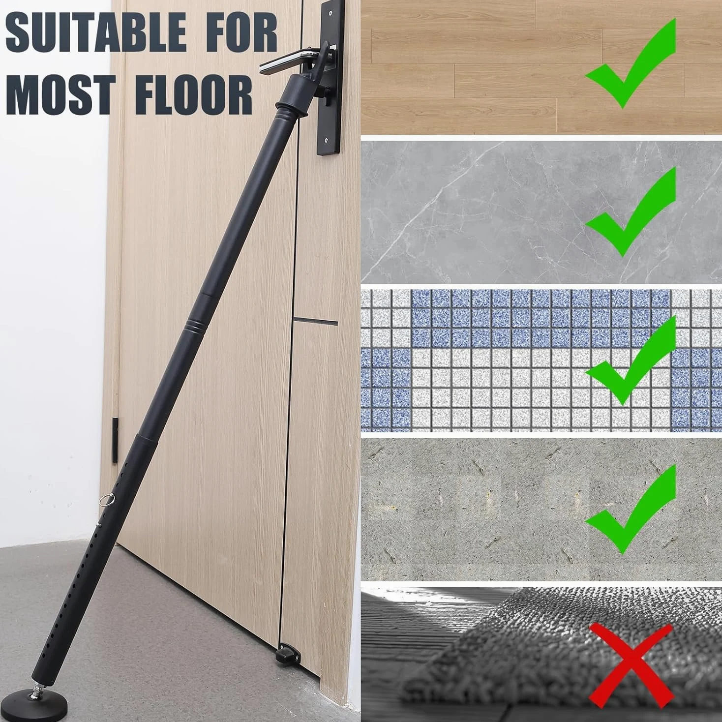 Barra di sicurezza per porta, resistente, con grande base in gomma, 66-127 cm, barra antifurto rimovibile per casa, viaggi, nero opaco