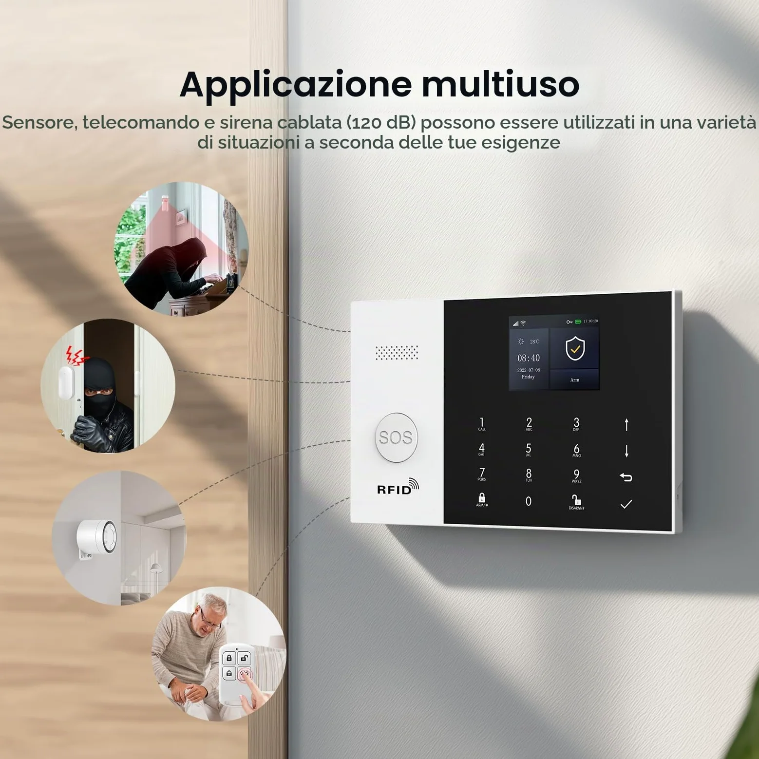 Sistema di Allarme GSM/WiFi con Sirena di Allarme da 120 dB, Telecomando Intelligente, display LCD, Annuncio vocale, Sicurezza per casa, ufficio