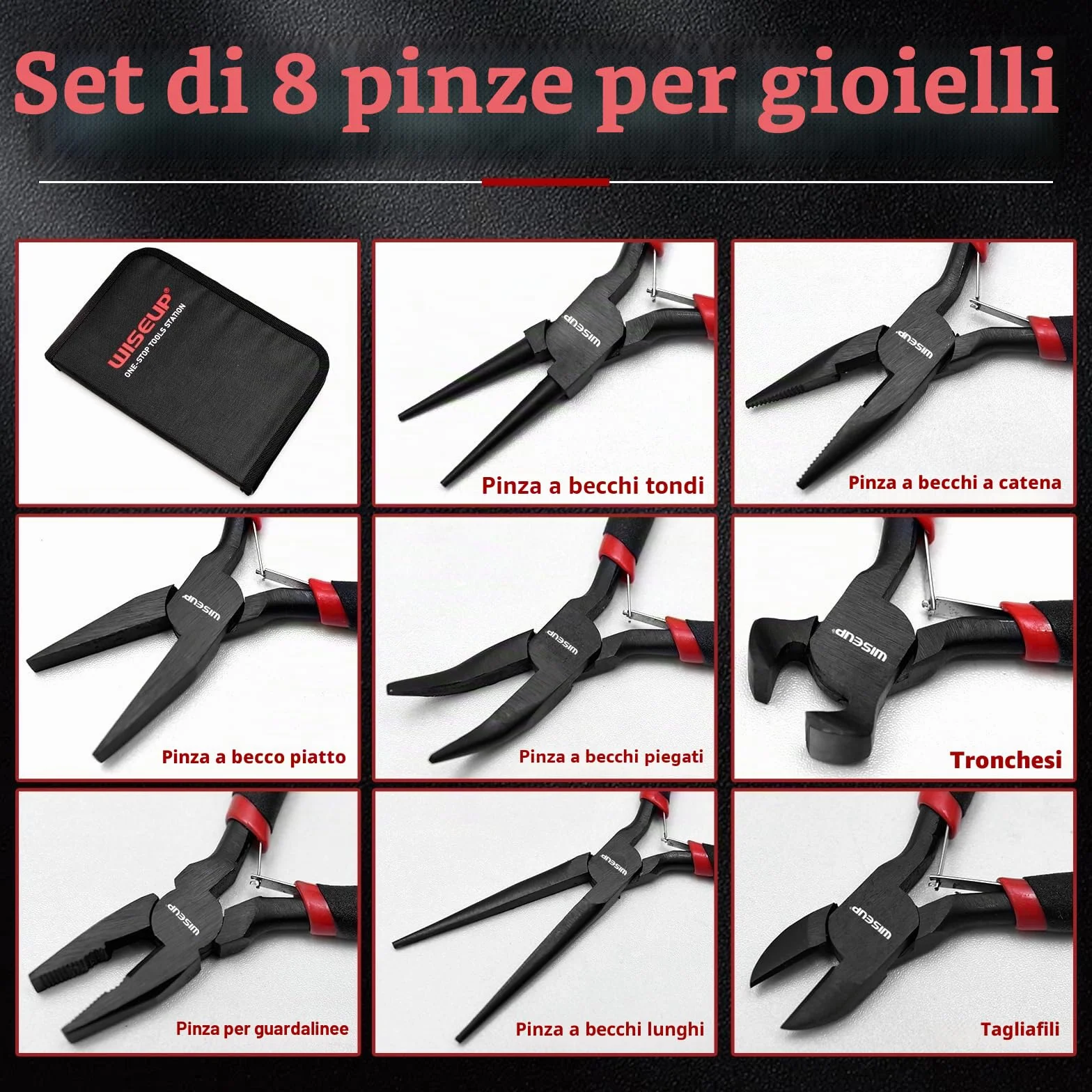 WISEUP Set di 8 mini pinze ago, rotondo, piatto, lungo, becco curvo, diagonale, taglio finale, guardalinee con custodia