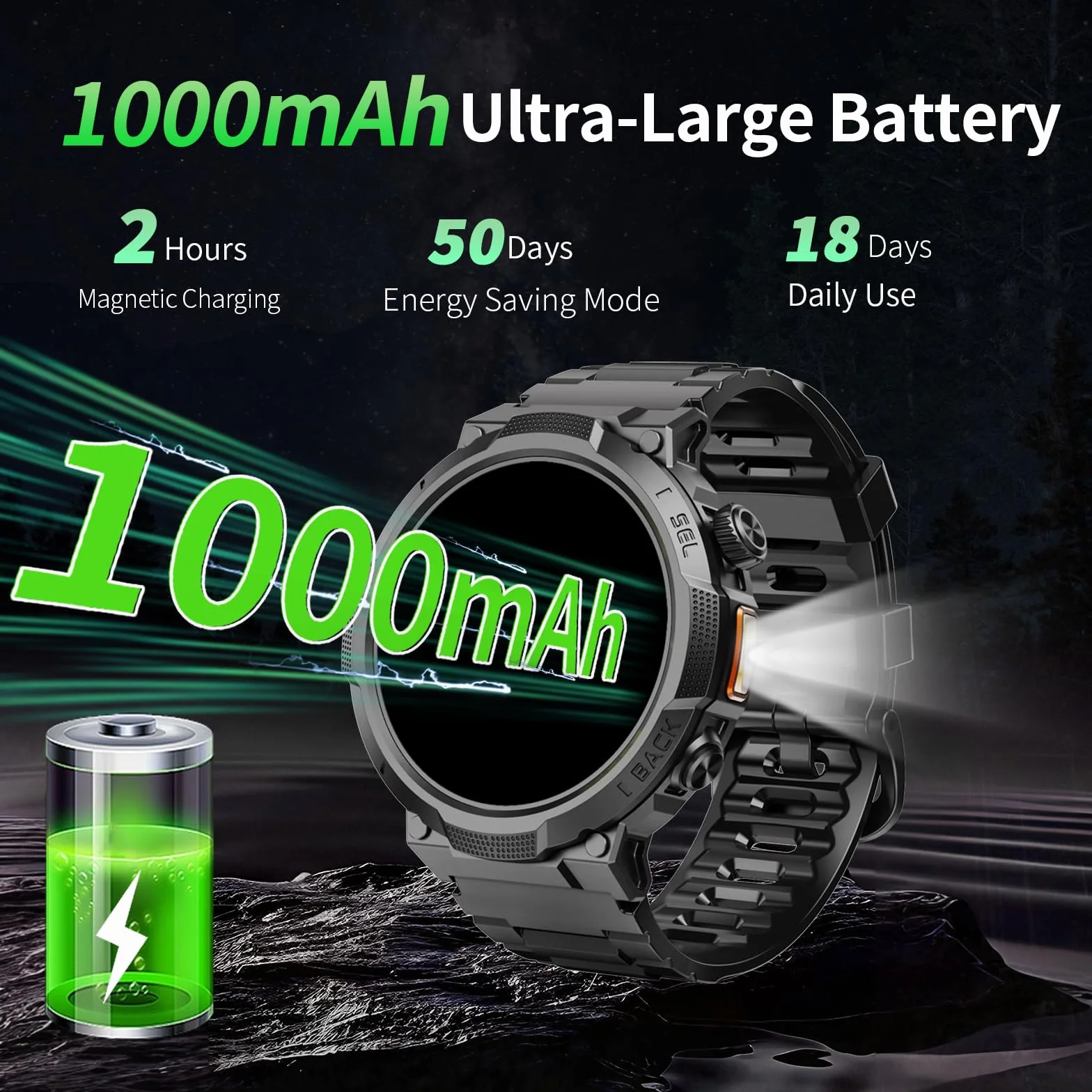 Smartwatch Uomo Militare, Orologio Smartwatch 1.43" con Chiamate Bluetooth, 100+ Modalità Sportive, Batteria 1000 mAh, Monitoraggio Sonno e Cardiofrequenzimetro, Torcia e Bussola per IOS/Android