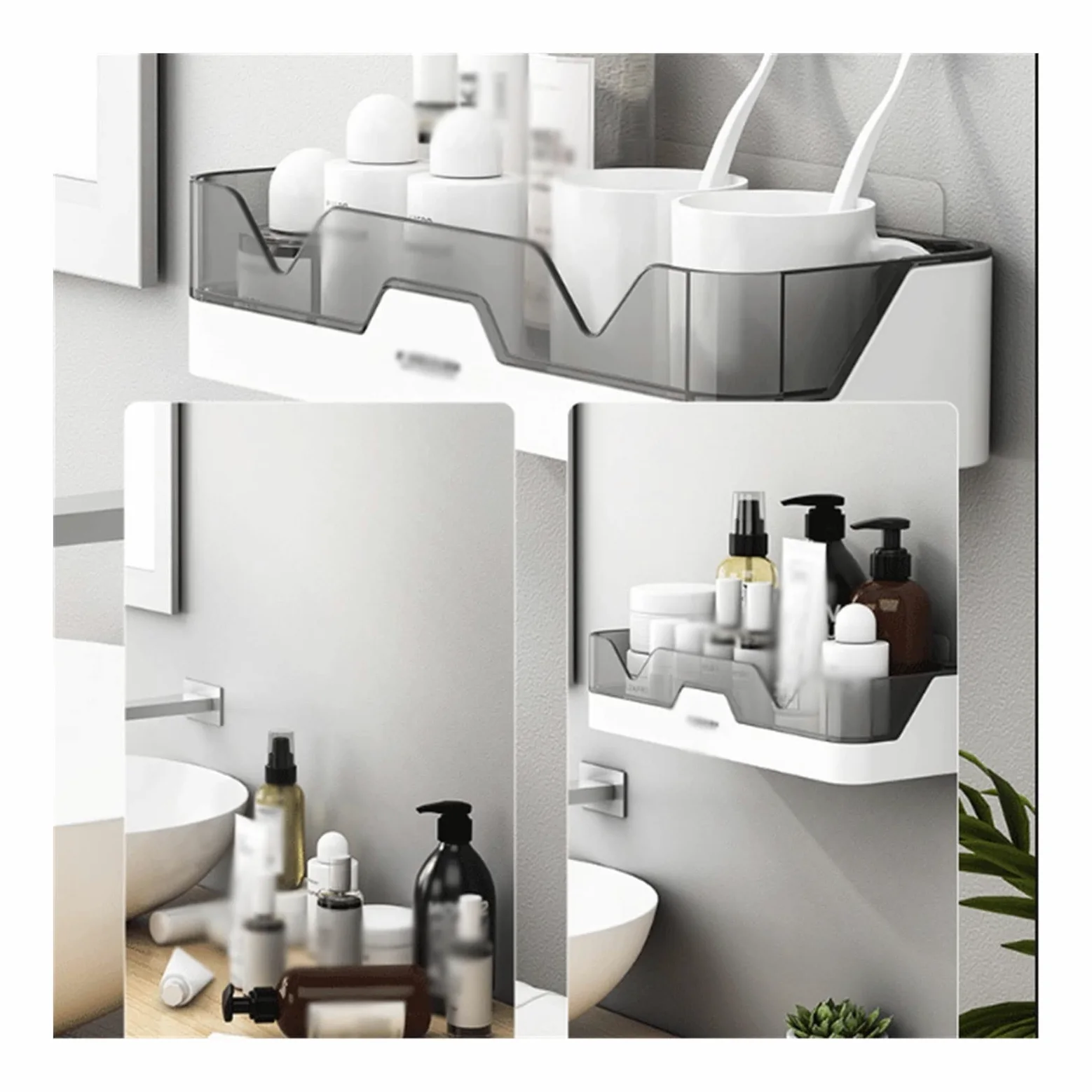 Ripiano per doccia Portaoggetti da bagno a doppio strato senza perforazioni Organizer(Nero)