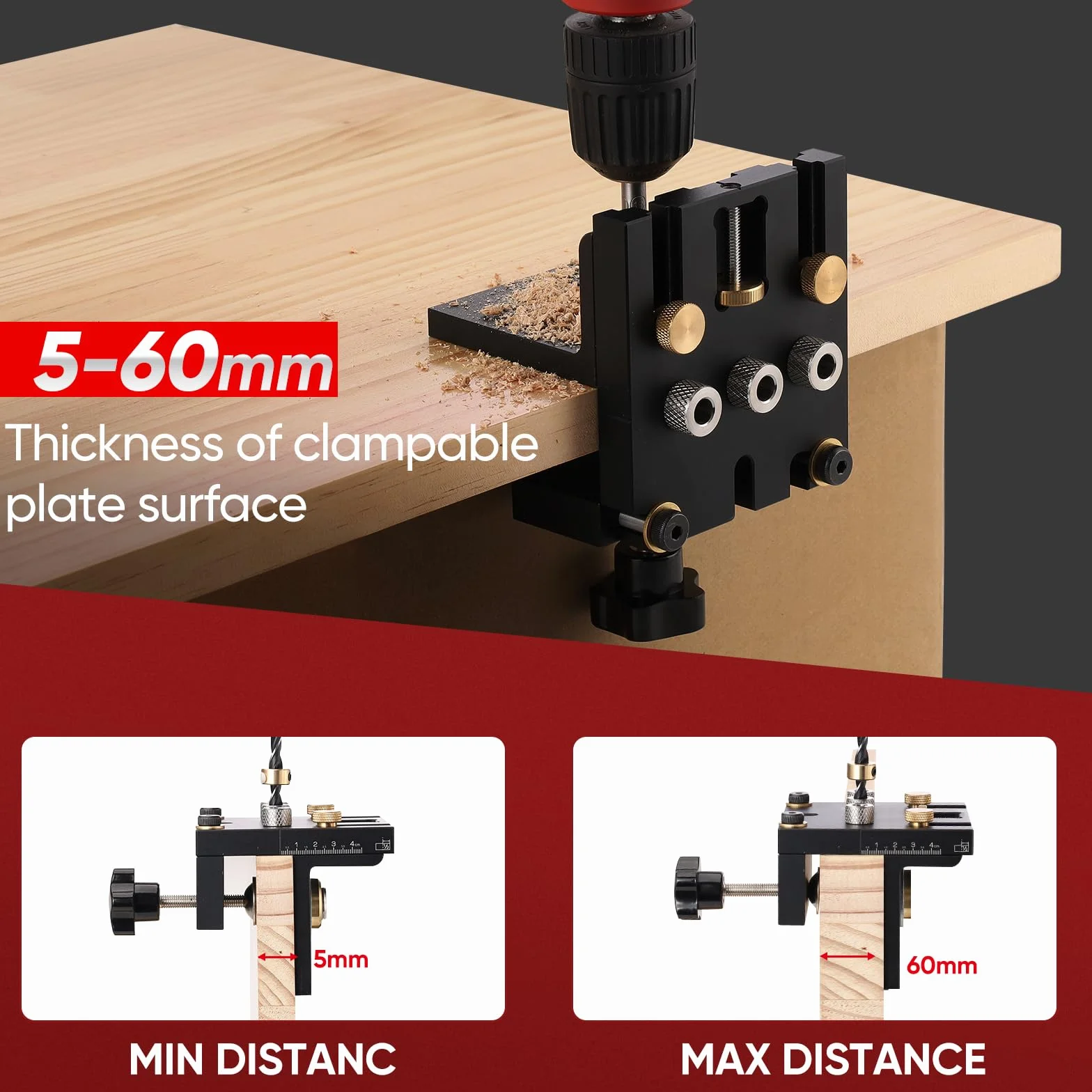 Dima per Spinatura Legno 3 in 1, Dima per Fori a Tasca, Kit Guida Trapano 6/8/10/15mm