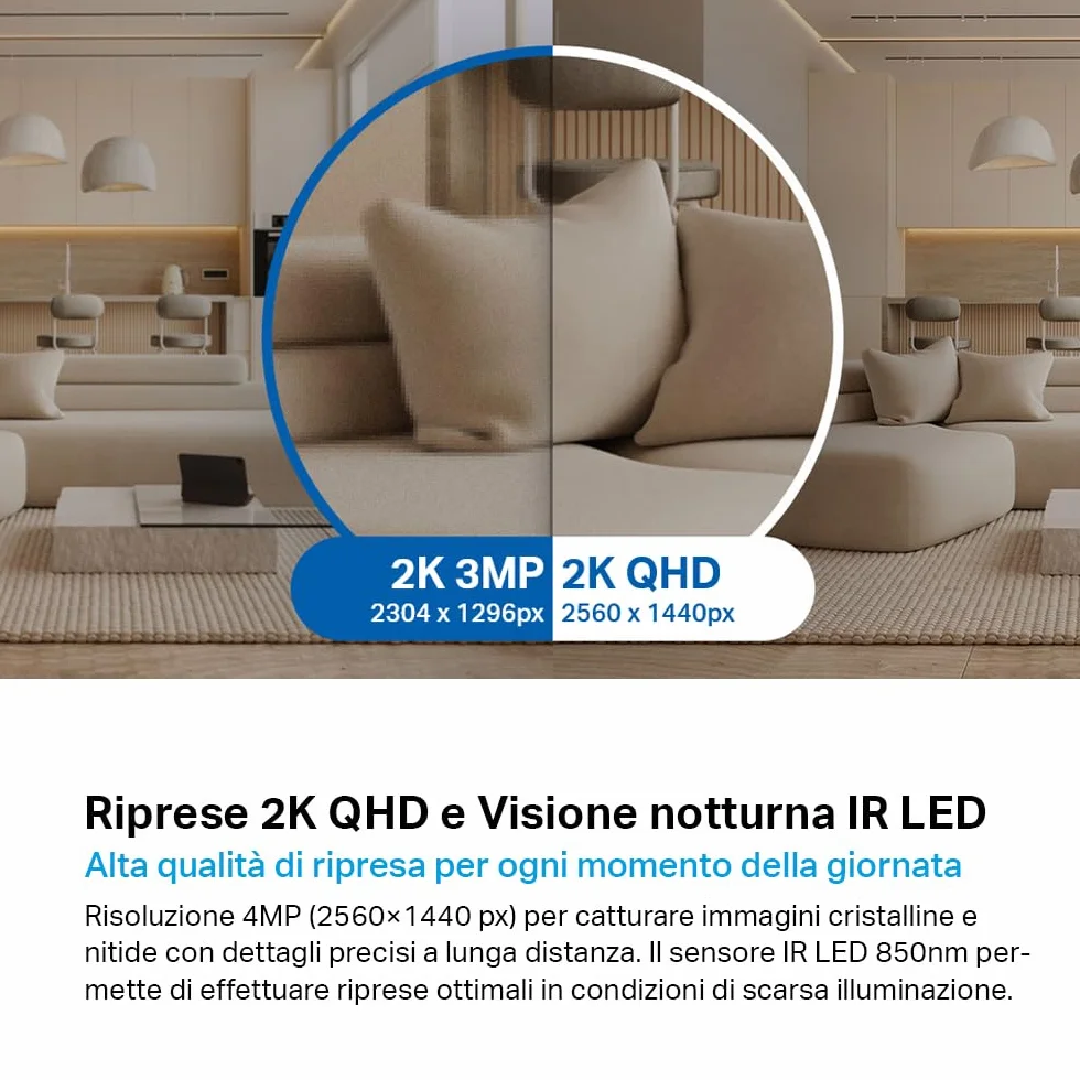Tapo C220 Telecamera Wi-Fi Interno 2K 4MP QHD, Videocamera Sorveglianza, 360º Horizontal, Panoramica e iInclinazione, Visione Notturna, MicroSD fino a 512GB, Alexa, Google Assistant