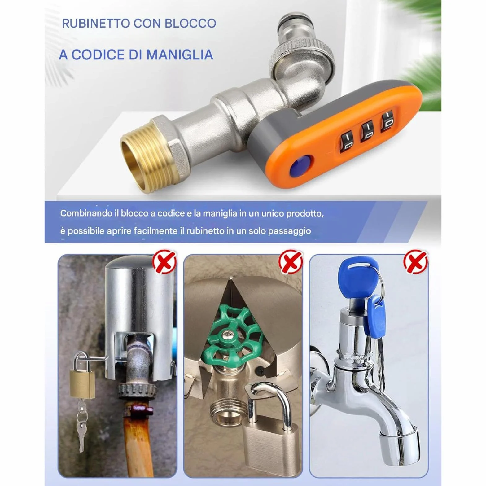 Bavaglino per tubo da esterno con chiusura a combinazione, meccanismo di controllo del flusso del giardino