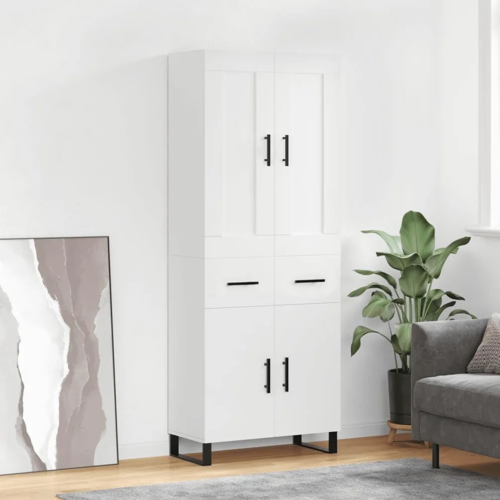 Armadietto alto, bianco, 69,5 x 34 x 180 cm, in legno con piedini in metallo, per soggiorno, corridoio e sala da pranzo, vano portaoggetti, pratiche porte, cassettiera stabile, adatto come