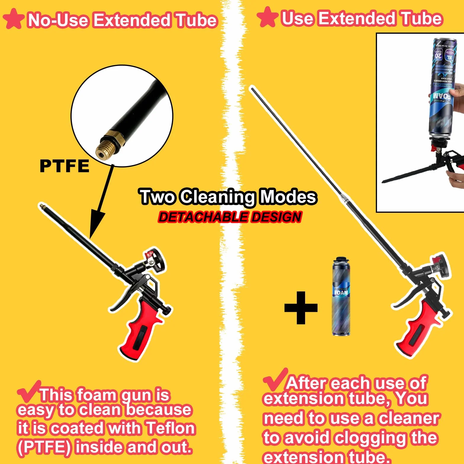 Pistola per schiuma estensibile 63cm - Cesto rivestito PTFE antiaderente, pistola professionale per schiuma espandente, isolamento, calafataggio, riempimento, sigillatura (Rossa)