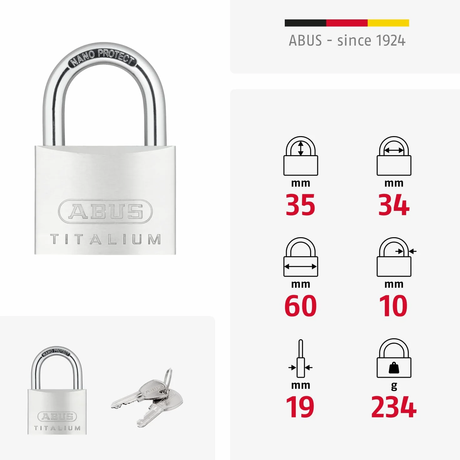 ABUS Lucchetto Titalium 64TI/60 - lucchetto da cantina con corpo in alluminio speciale - grillo in acciaio temprato - livello di sicurezza 6