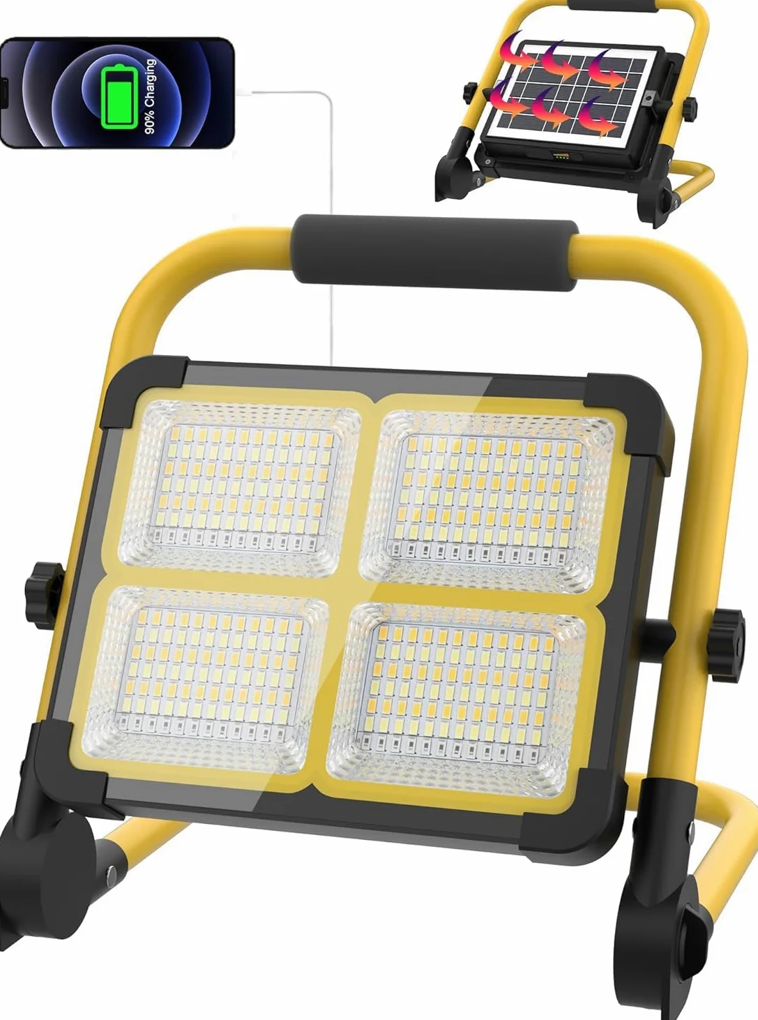 MASMEJOR Faro LED Ricaricabile Solar, Supporto Metallico, 10000LM, 12000mAh | 100W, 336 LEDs, 4 Modalità Luce, Base Magnetica, Uscita USB, Portatile per Campeggio, Garage, Pesca, Emergenze