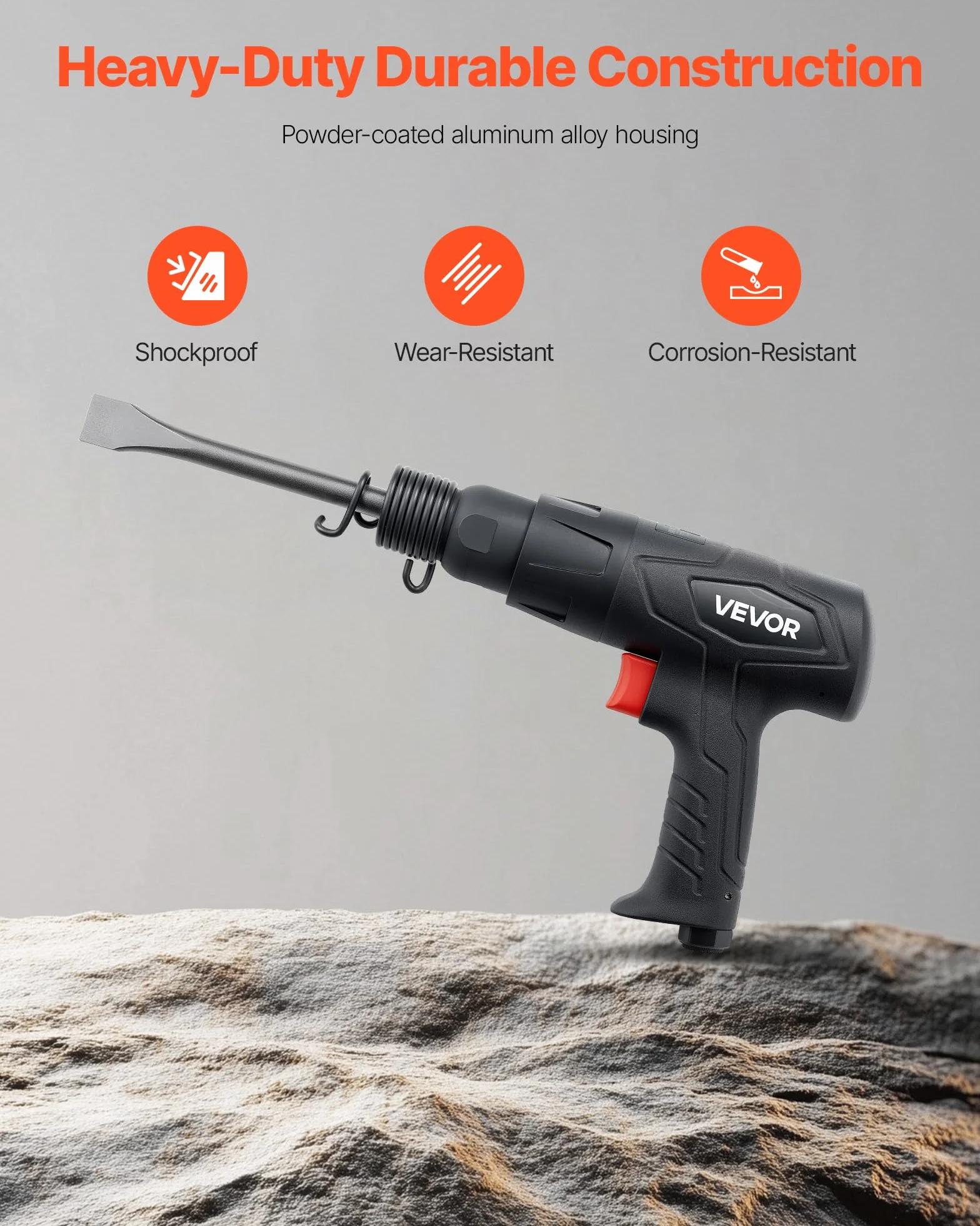 VEVOR Martello Pneumatico 2500-2700 Colpi/min, Corsa 7 cm, 4 Scalpelli 17 cm