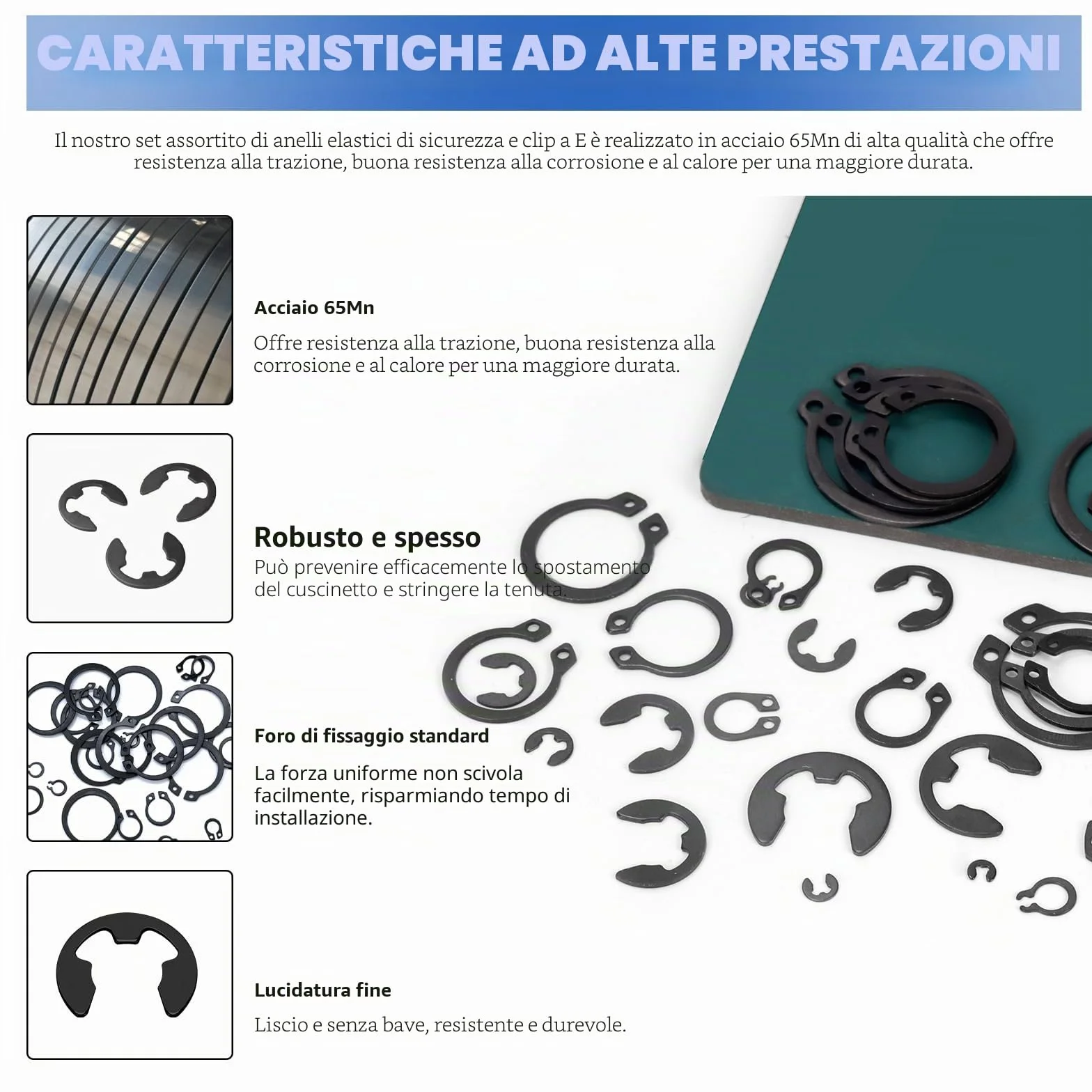 Glarks Assortimento 312 clip fissaggio a scatto acciaio 65mm, pinze anello esterno